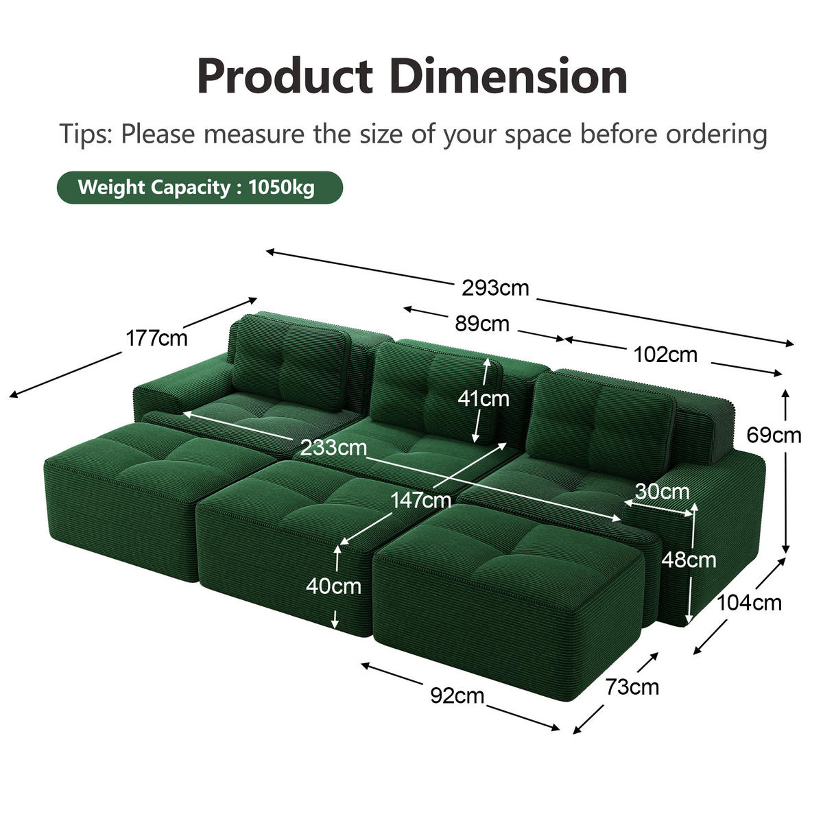 3-SITZER Sofa 293x177x69 cm aus Cordstoff rahmenlos modular mit 3 Hockern, grün - Grün, Textil (177/69/293cm)