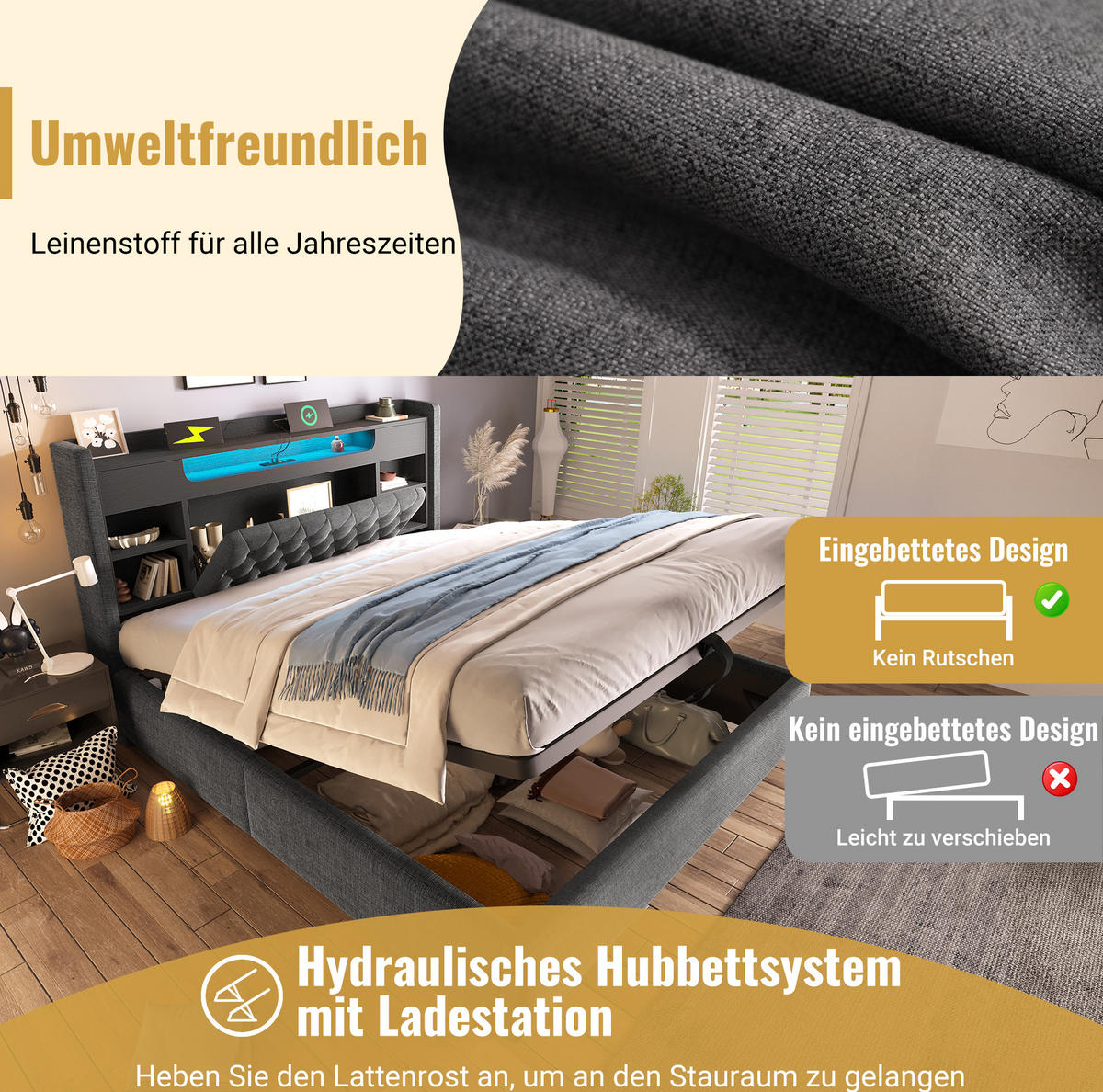 POLSTERBETT 140x200 cm in Grau mit Bettkasten, LED und USB-/USB-C-Anschlüssen - Grau, Textil (140/200cm) - IVMEU