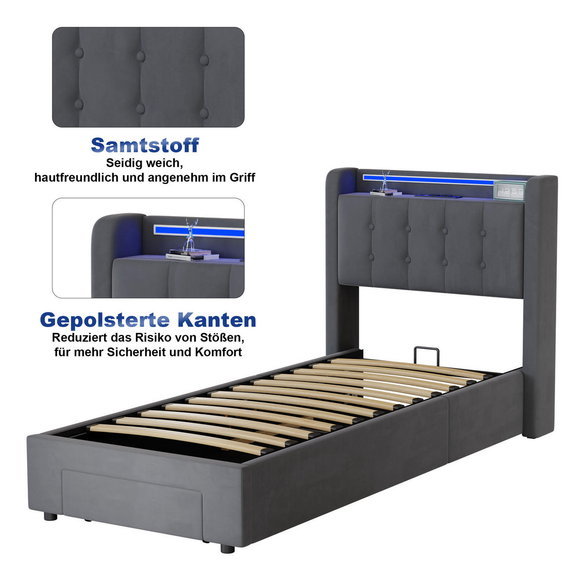 POLSTERBETT 90x200 cm in Dunkelgrau Samt mit Bettkasten, Schubladen und USB/LED-Beleuchtung, Einzelbett - Dunkelgrau, Holzwerkstoff/Textil (90/200cm) - CHICFURN