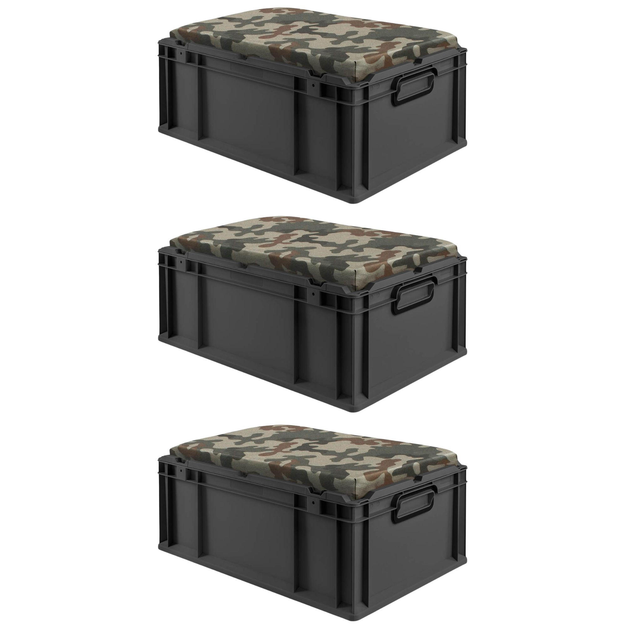 EUROBOX 3x NextGen Seat Camouflage, HxBxT 26,5x40x60cm, 44 Liter, Griffe geschlossen, Schwarz - Schwarz, Kunststoff (40/26.5/60cm) - PROREGAL