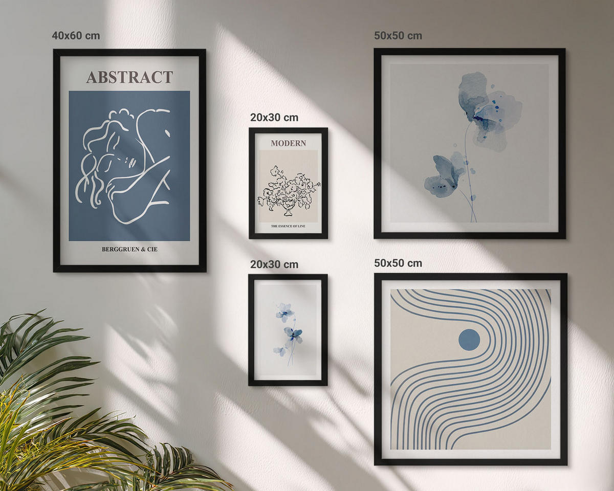 BILDER SET 5er Set - 50x50 cm & 20x30 cm & 40x60 cm Schwarzer Rahmen - abstrakte Poster mit Blumenlinien - Schwarz, Kunststoff (40/60cm) - TULUP