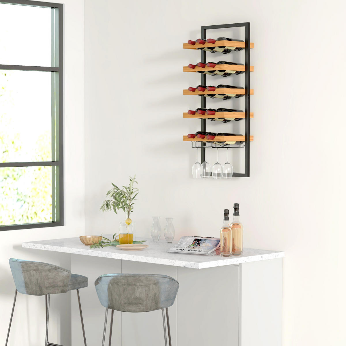 WEINREGAL stapelbar, wandmontierbares Flaschenregal mit 5 Ablagen, Glashaltern - Braun, Textil (25/86/35cm) - HOMCOM