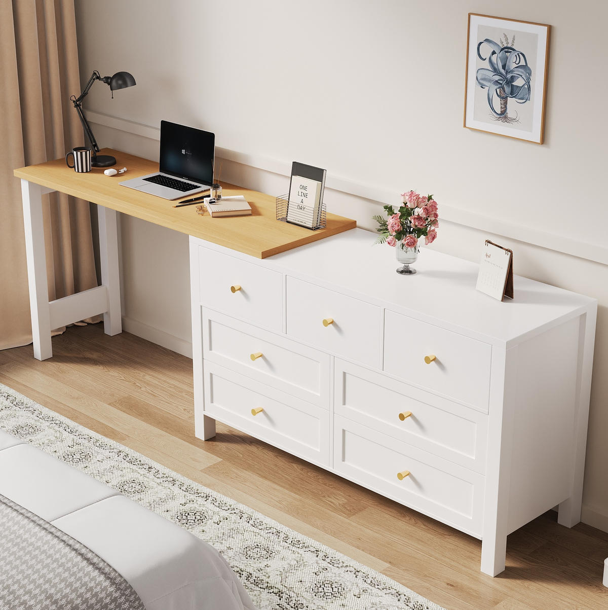SCHREIBTISCH aus Spanplatte 120x40x70 cm Eichenoptik/Weiß mit 360° drehbarer Tischplatte und 7 Schubladen - Weiß, Holzwerkstoff (120/70/40cm) - IVMEU