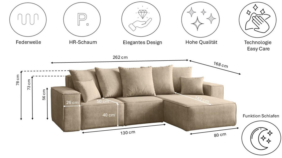 ECKSOFA L-Form Premium Kollektion ELLA Stoff Velours Noel Hellbeige Rechts - Ecru, Holz/Textil (262/168cm) - Kaiser Möbel