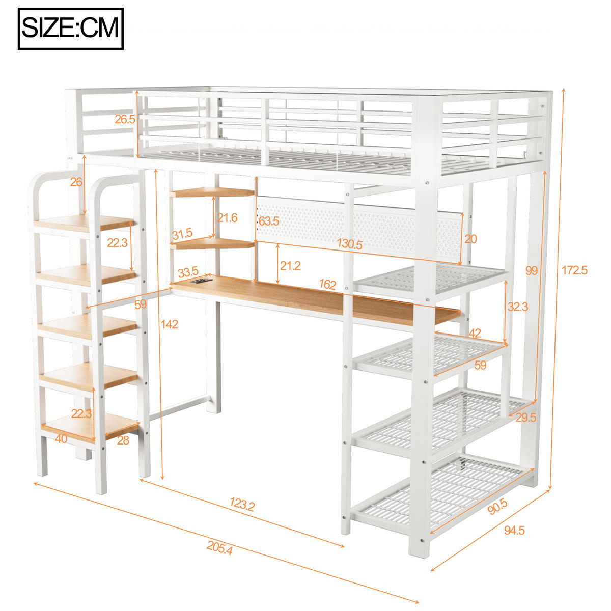 HOCHBETT 90/200 cm in Weiß mit Schreibtisch, Regal, LED und Steckdosen Metallbett mit Leiter - Weiß, Holzwerkstoff/Metall (90/200cm) - STILVORA