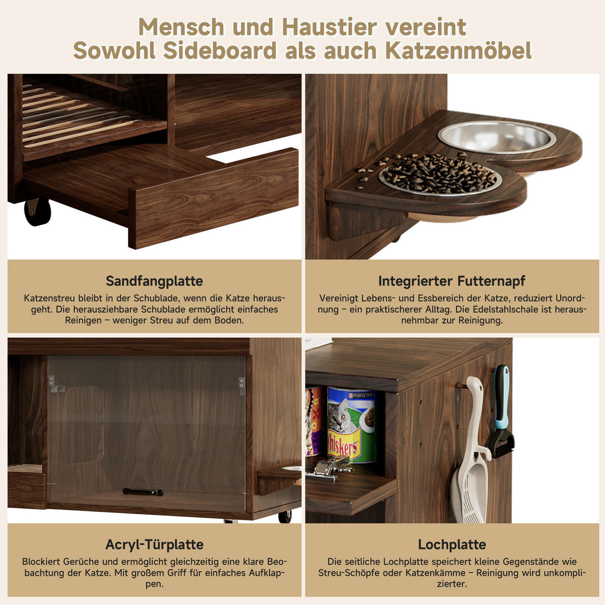 SIDEBOARD Nussbaumfarben aus MDF 100×45,5×67cm als Katzenkloschrank mit Sandablassschale und Futterschalen - Nussbaumfarben, Holzwerkstoff (45.5/67/100cm) - Luhomfu
