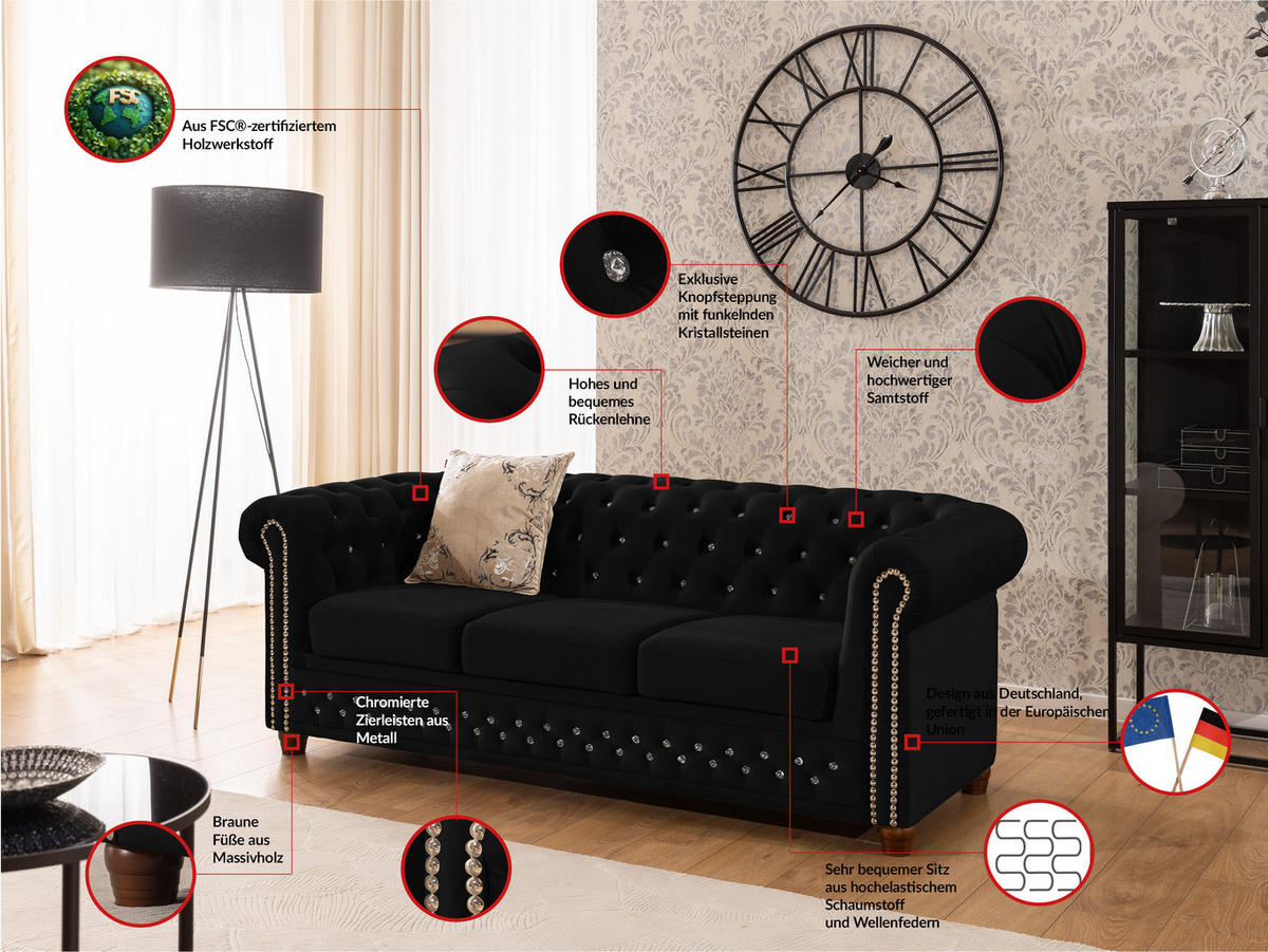 SITZGARNITUR 3+2 Chesterfield Cleo Blink Schwarz Samt mit Kristallsteppung und braunen Massivholzfüßen - Schwarz/Braun, Holz/Textil (203/72/86cm) - S-Style Möbel