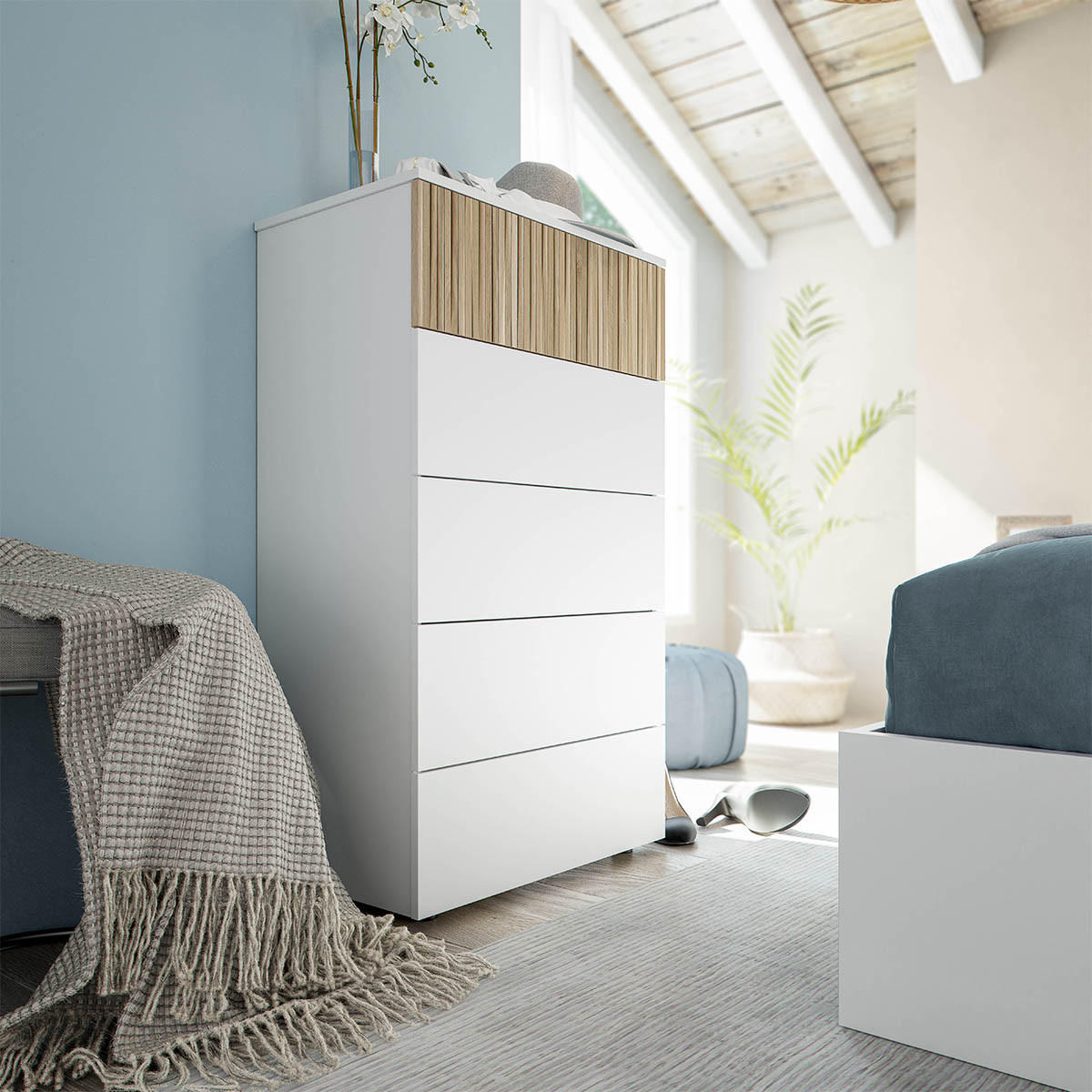 KOMMODE 5 Schubladen H109 cm - Ethna - Weiß, Holzwerkstoff (40/109/61cm) - Calicosy