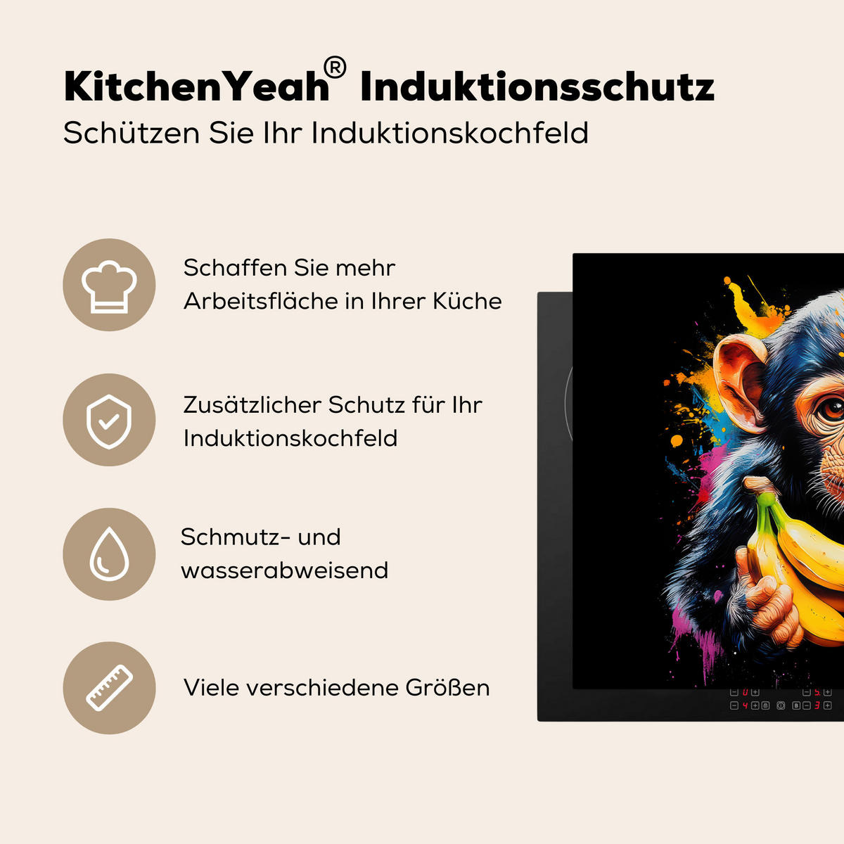 HERDABDECKPLATTE Affe - Graffiti - Farbenfroh - Bananen - Modern Herdabdeckung Induktionsfeld 70x52 cm - Gelb, Kunststoff (70/52/0.2cm) - MuchoWow