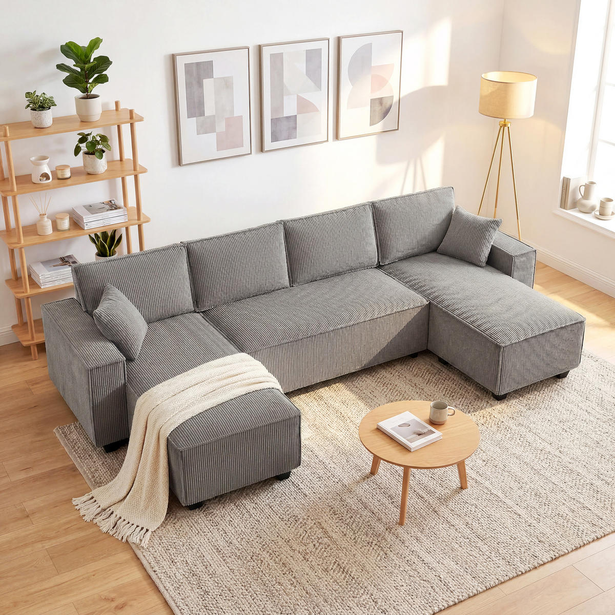 ECKSOFA Cordstoff Hellgrau - Hellgrau, Holzwerkstoff/Kunststoff (154/311cm) - HOMCOM