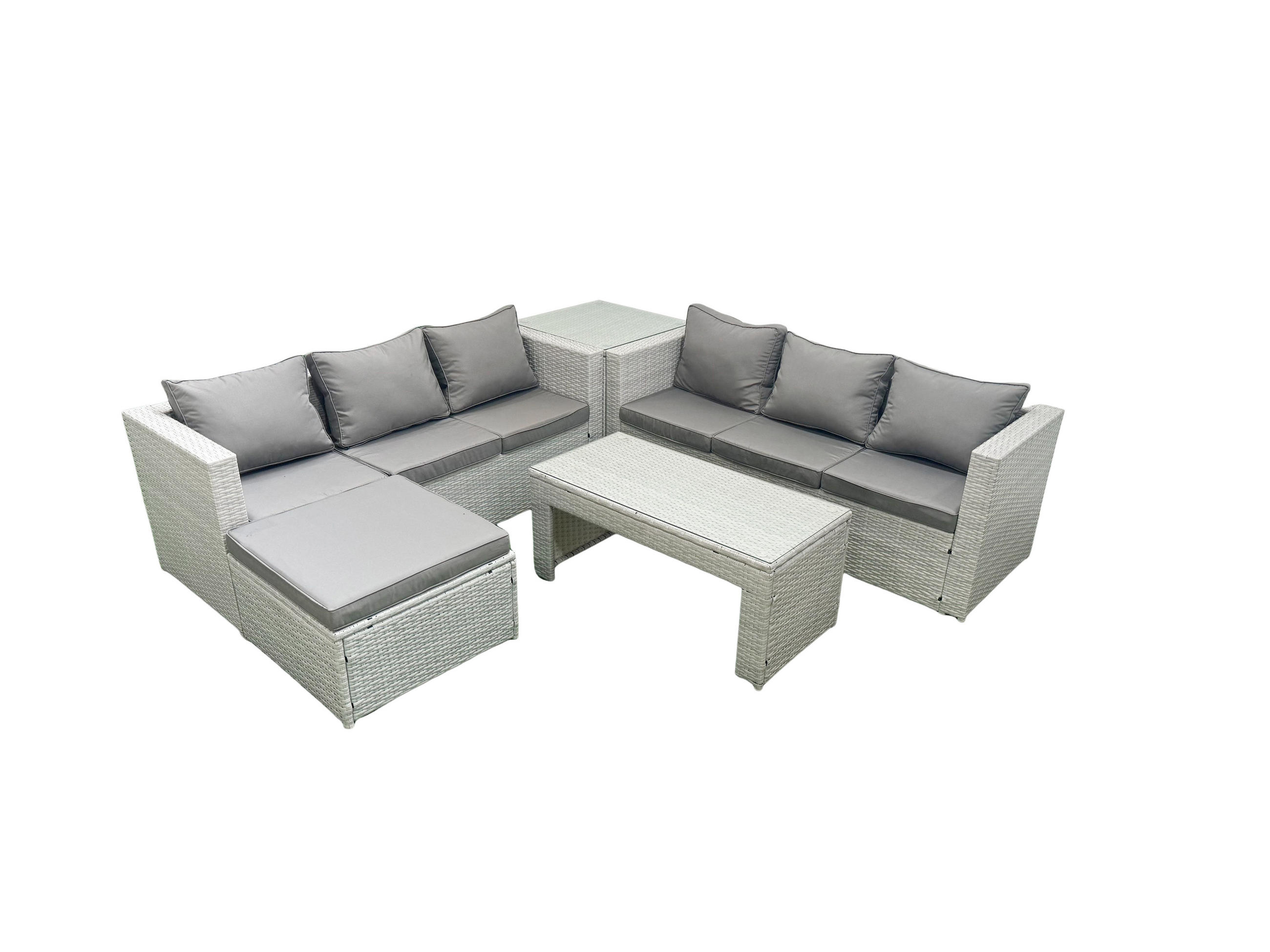GARTENSOFA hohe Rückenlehne Polyrattan Hellgrau-Mix 7-Sitzer - Hellgrau/Grau, Glas/Kunststoff - Fimous