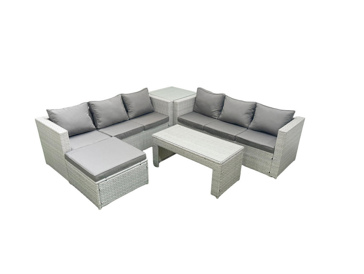 GARTENSOFA hohe Rückenlehne Polyrattan Hellgrau-Mix 7-Sitzer - Hellgrau/Grau, Glas/Kunststoff - Fimous