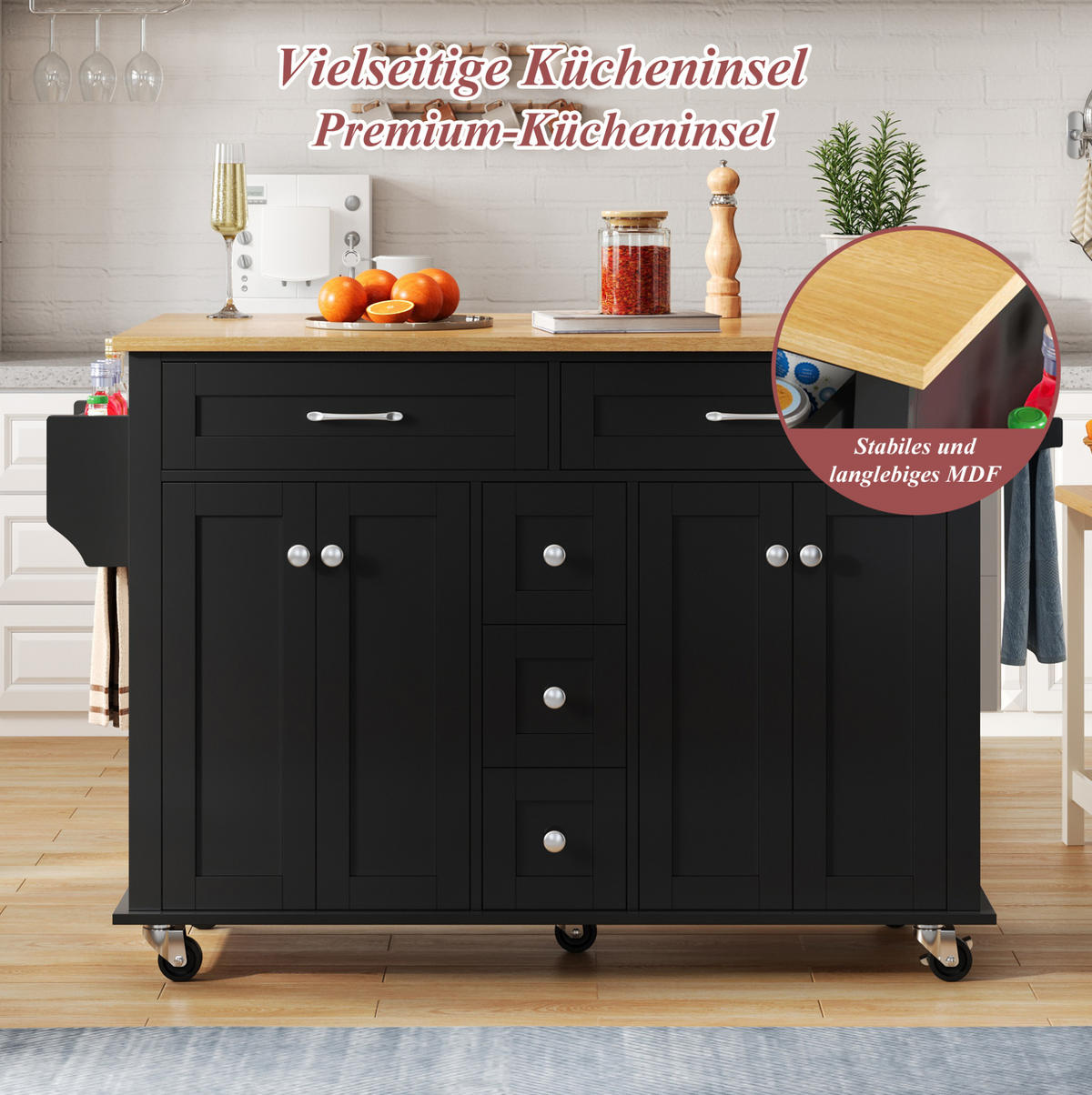 KUECHENWAGEN mit ausklappbarer Arbeitsplatte 140 cm Black/Natural - Schwarz, Holz (65/89/140cm) - Beauniv