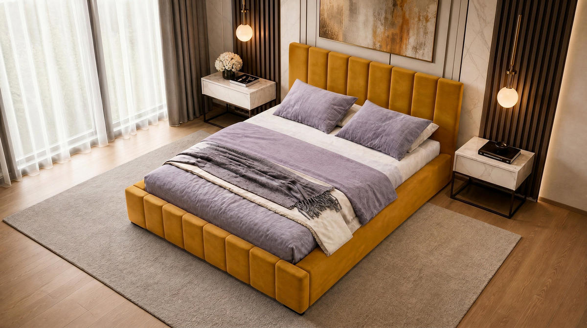 POLSTERBETT Nero 200x200 cm, Doppelbett mit Bettkasten und Lattenrost aus Holz, Velourstoff: Gelb - Gelb, Holz/Textil (200/200cm) - Marpur