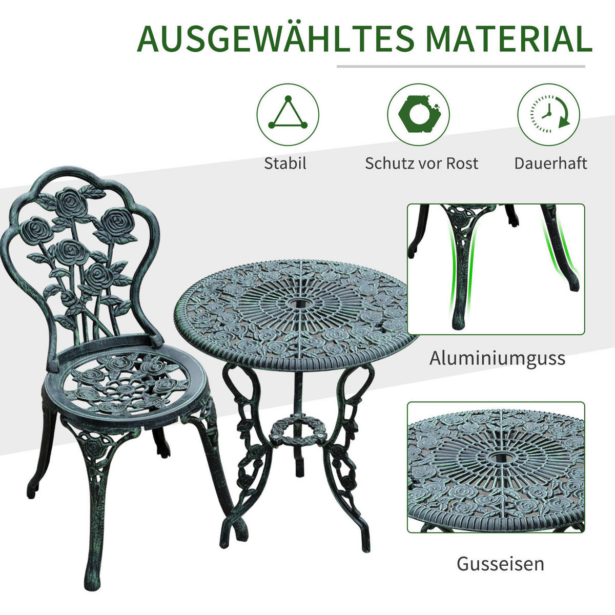 GARTENSET aus Eisen Tisch Ø60x69 cm und 2 Stühle 40x49x82 cm Grün im Antik-Look mit Blumenmuster - Grün, Metall - Modfu