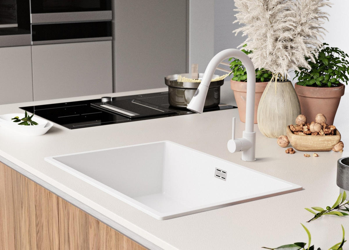 SPÜLBECKEN London Slim, 2-er set Alles Weiß 66/47 cm 1 Becken + Ablauf-Set ab 70er Unterschrank - Weiß, Kunststoff (66/20/47cm) - Primagran