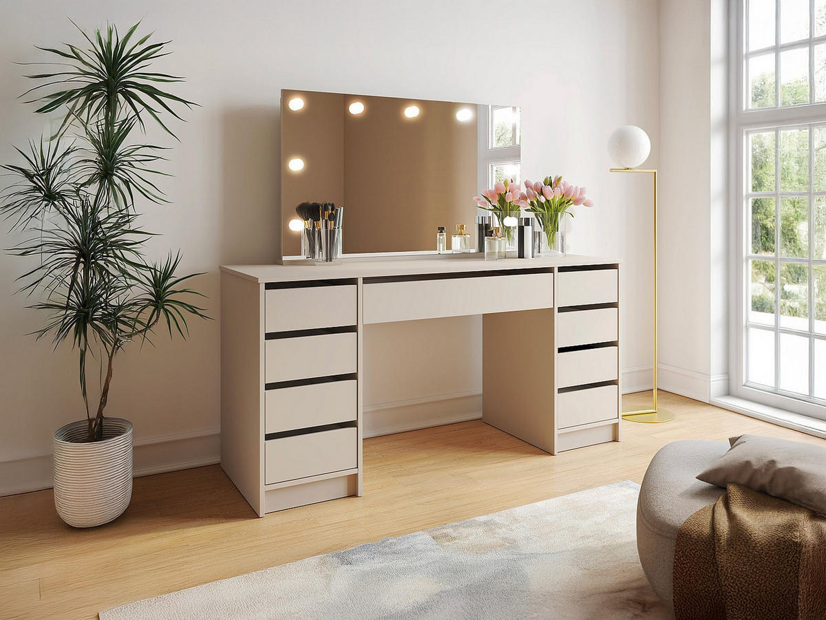 SCHMINKTISCH - 152.3cm x 53.6cm - Holzspan - beige - JENEMI - Beige, Holz (152.3/142.6/53.6cm) - Vente-Unique