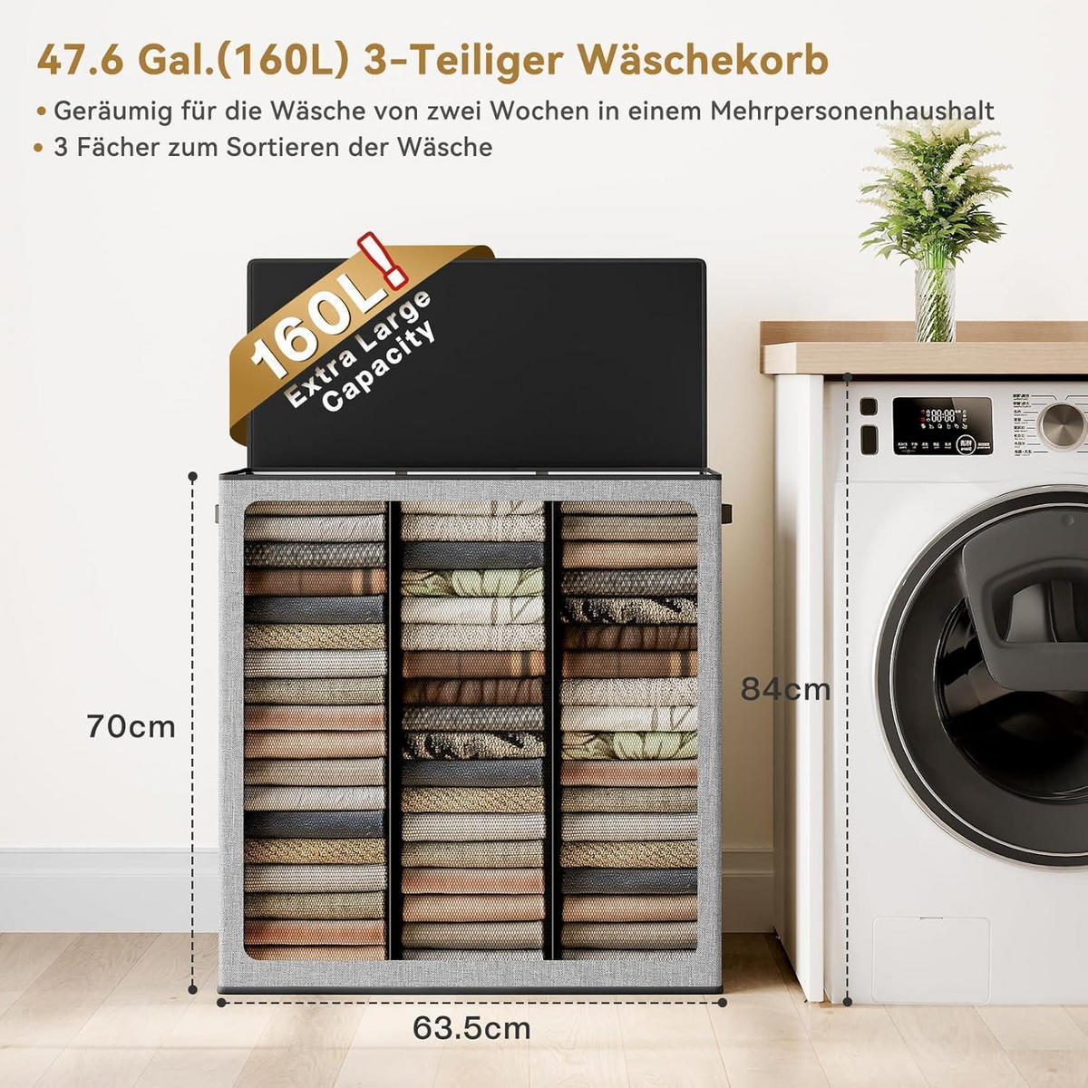 WÄSCHEKORB 160L mit Deckel und 3 Wäschesäcken Grau - Grau, Textil (36/70/63.5cm)