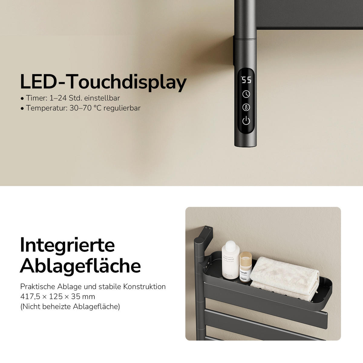 HEIZKÖRPER elektrisch 76 x 45 cm mit Smart-Steuerung & Ablage Anthrazit - Anthrazit, Metall (45/76.9/14.8cm) - EMKE