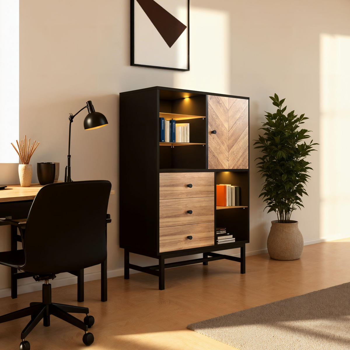 HIGHBOARD mit LED-Beleuchtung, 3 Schubladen und verstellbare Regale - Schwarz, Holzwerkstoff (80/120.5/40cm) - Urban Meuble