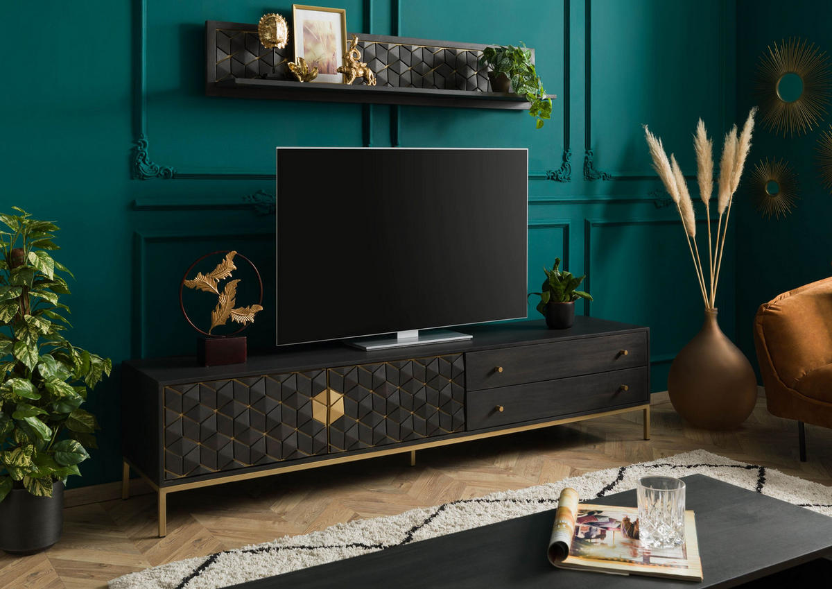 TV-BOARD Mango 220x45x50 grau geölt DIAMOND #123 - Grau, Holz (220/50/45cm) - Massivmoebel24