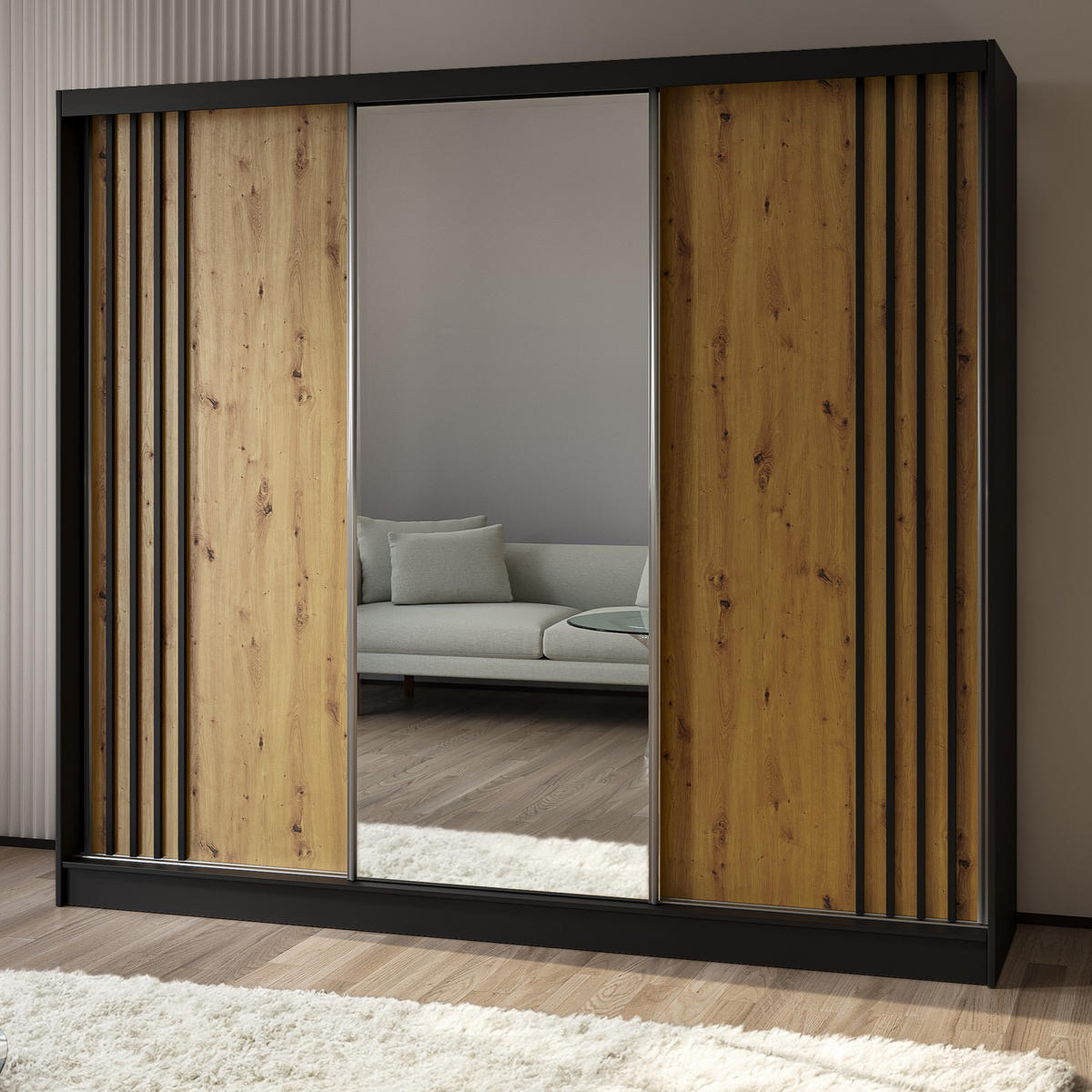 SCHWEBETÜRENSCHRANK NELVIA 240/216/61 cm 3-türig mit Spiegel Schwarz - Schwarz/Eiche Artisan, Holzwerkstoff (240/216/61cm) - MASSENO