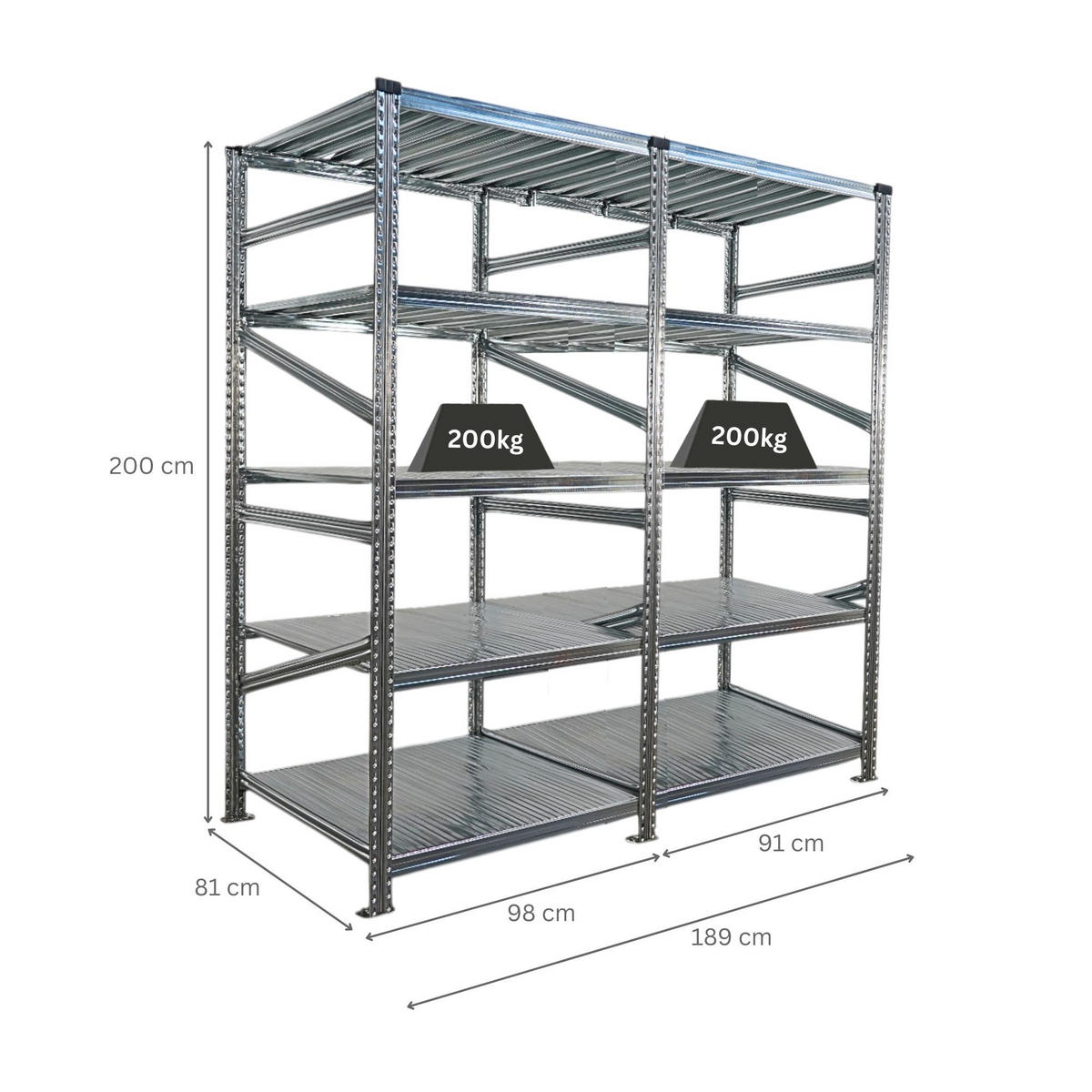 FACHBODENREGAL Proximo Stecksystem 200x180x80cm 5 Ebenen Fachlast 200 kg Beidseitig nutzbar Verzinkt - Silberfarben, Metall (180/200/80cm) - PROREGAL
