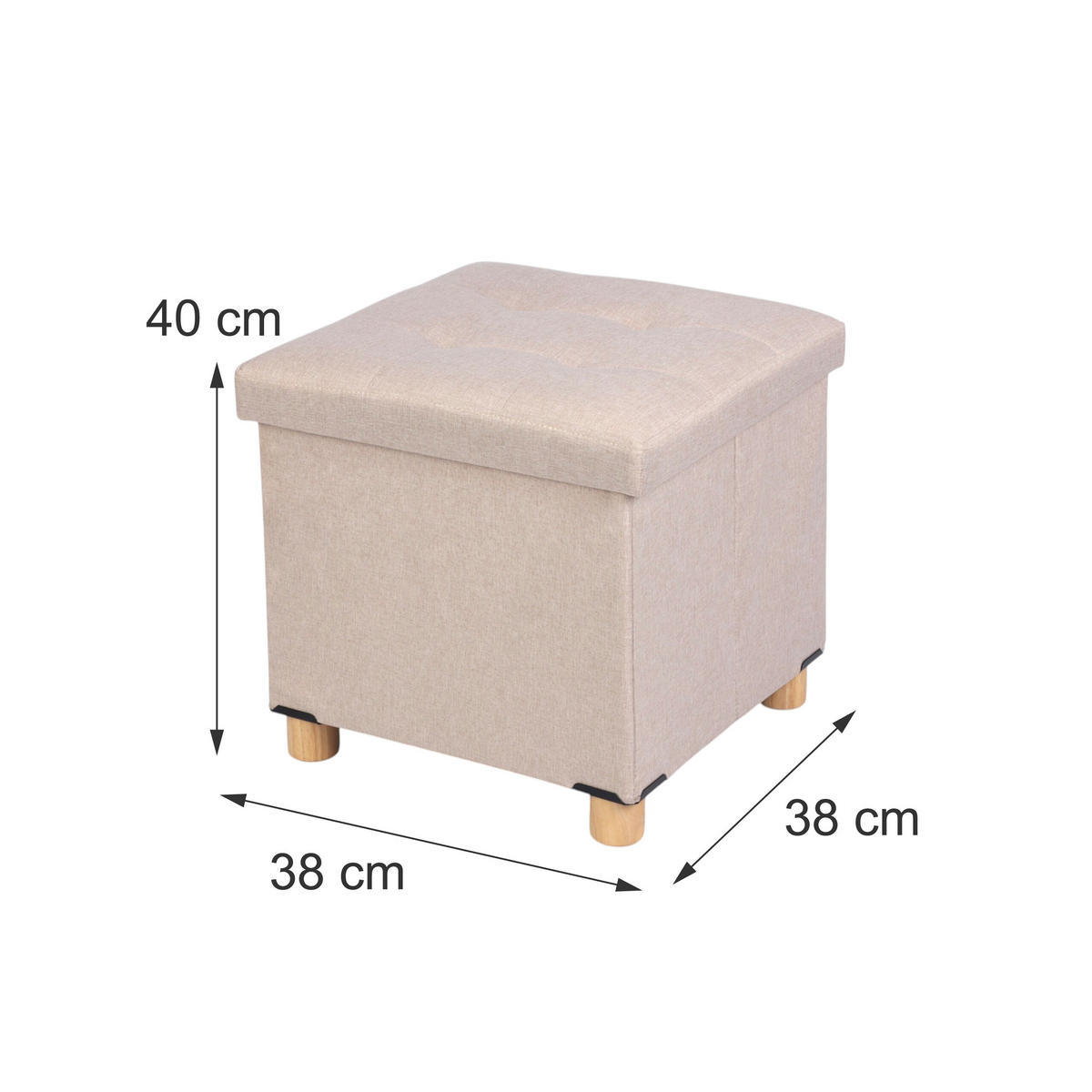 SITTPUFF beige förvaring linnelook träben 40x38x38 cm - Beige, Träbaserade material/Textil (38/40/38cm) - Relaxdays