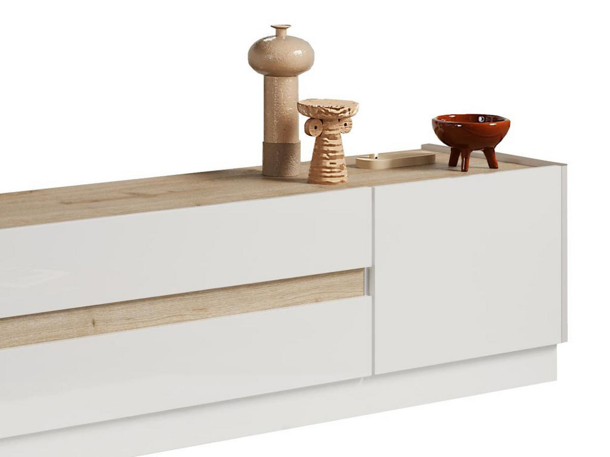 TV-MÖBEL - 2 Türen & 2 Schubladen - Weiß lackiert und Holzfarben - EMORA - Naturfarben, Holz (39.8/43.2/204.7cm) - Vente-Unique