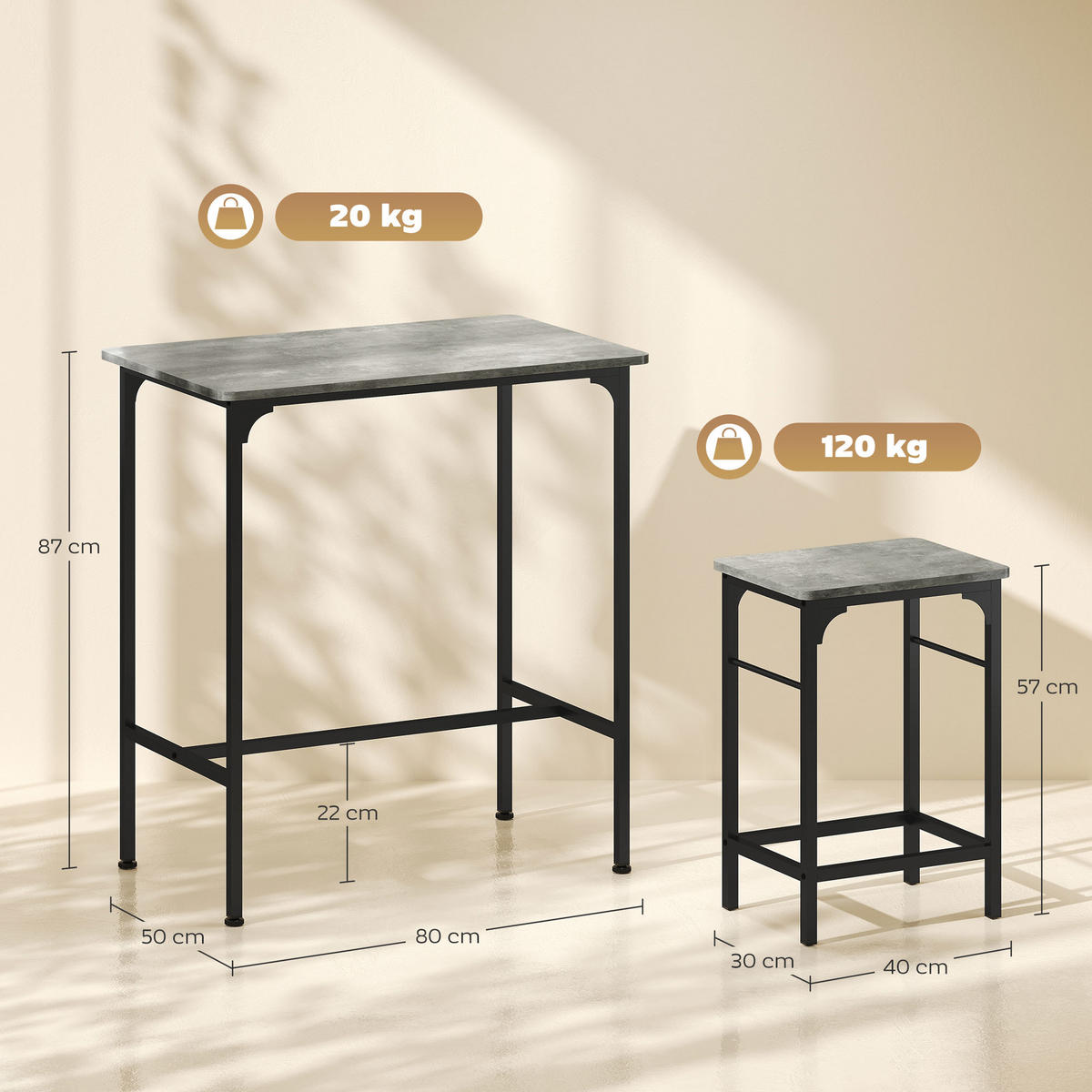 BARTISCH Set Bartisch mit Barhocker-Set Esstisch mit 2 Stühlen mit Fußpolster - Grau, Holz (50/87/80cm) - HOMCOM