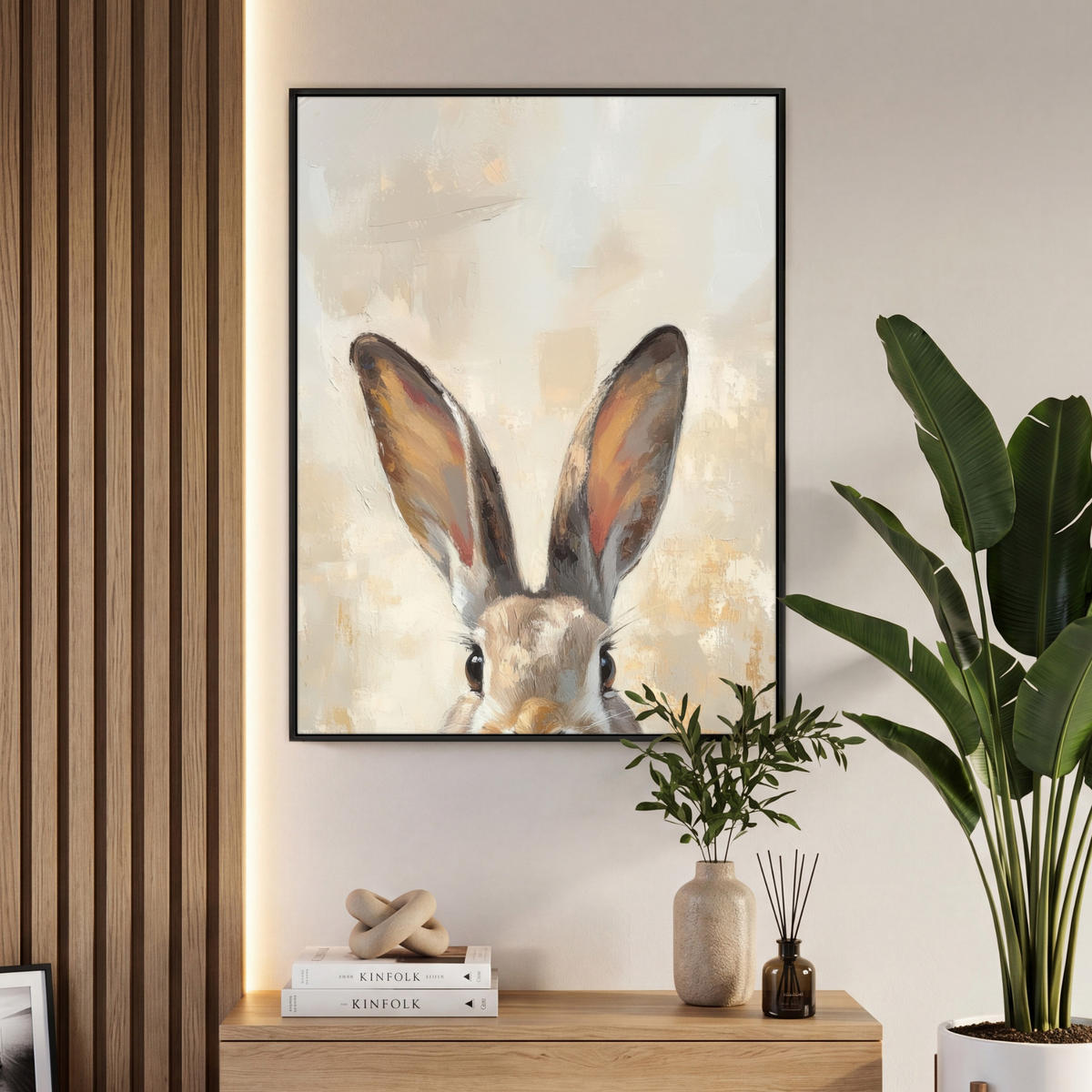 LEINWAND Bilder mit Rahmen - Hase - Ohren - Braun - 70x100 - Beige, Textil (70/100cm) - MuchoWow