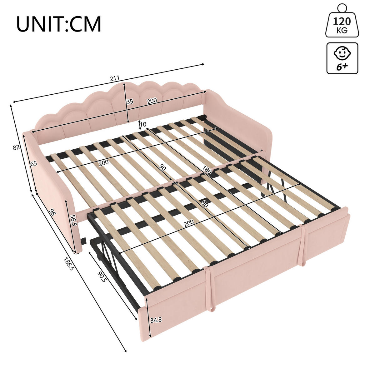 TAGESBETT aus Samt 90x200/180x200 cm Rosa mit Ausziehbett und LED-Beleuchtung, gewelltem Kopfteil - Rosa, Textil (90/200cm) - Modfu