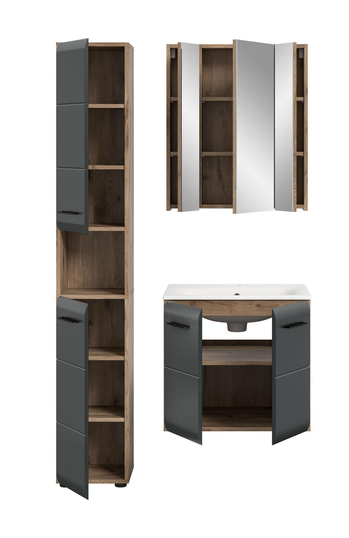 BADEZIMMER Alba 4-tlg. (B/H/T: ca. 105/185/46 cm) in Nox Oak /schwarz matt - Eiche Artisan, Holz (105/185/46cm)