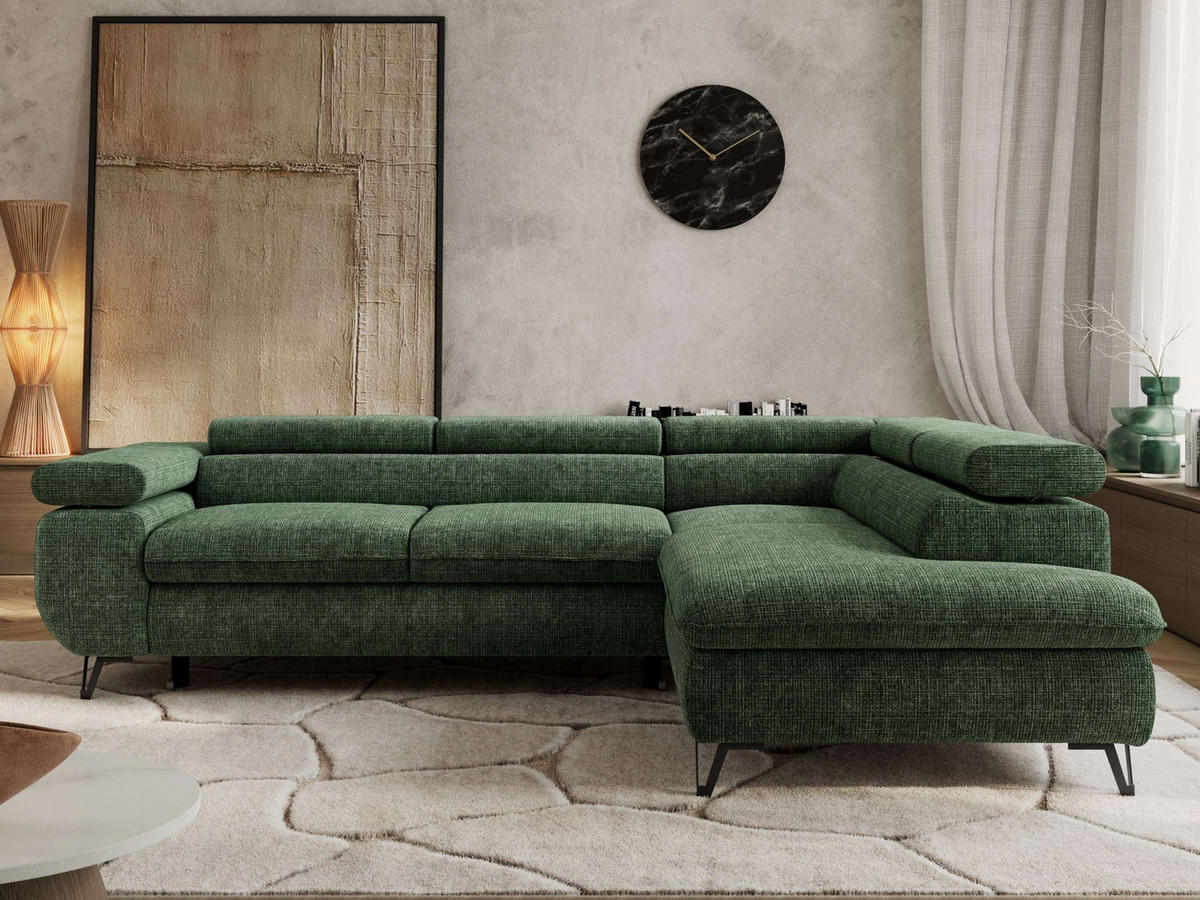 ECKSOFA PABLO L Dunkelgrün Schenille grob gewebt - Rechts Seite - Dunkelgrün/Schwarz, Textil/Metall (273/208cm) - MKS