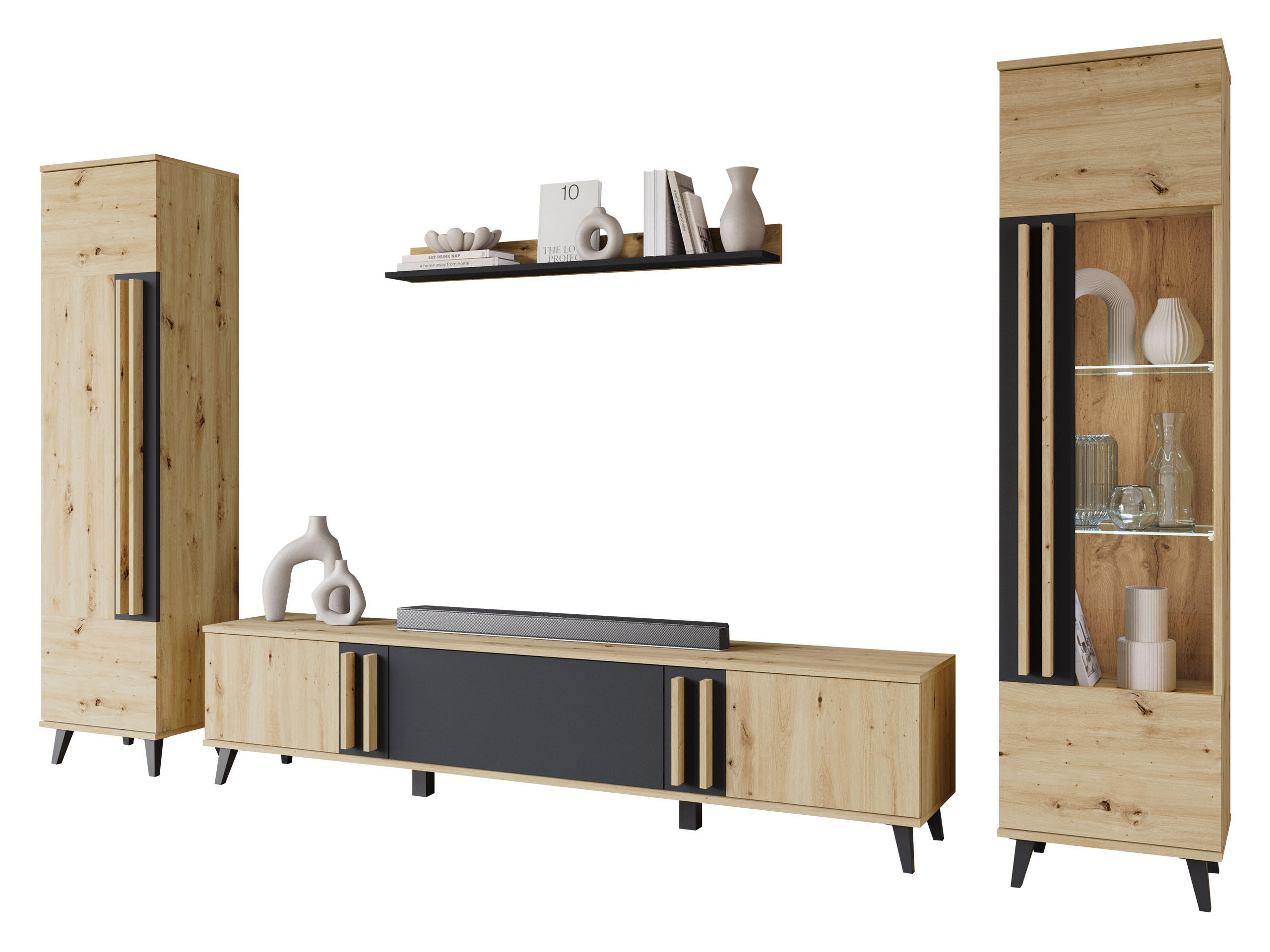 WOHNWAND Helsinki II mit weißer LED Beleuchtung - Schwarz/Graphitfarben, Holzwerkstoff/Kunststoff (180/70/33cm) - MIRJAN24