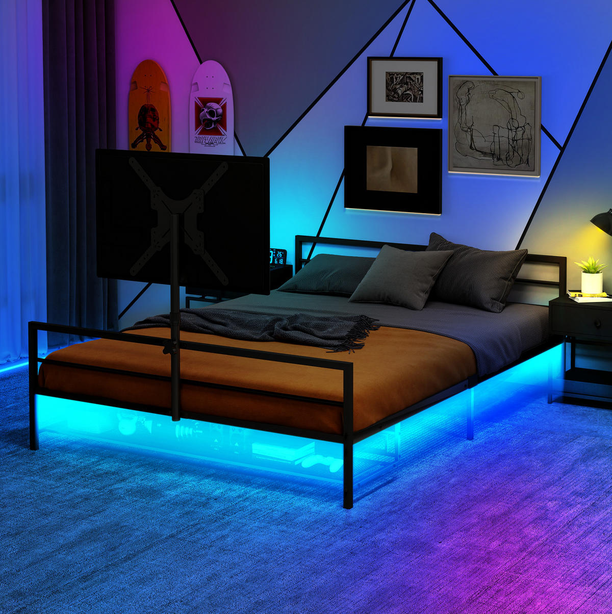 METALLBETT aus Eisen 90x200 cm Schwarz mit LED-Beleuchtung, verstellbarer Monitorhalterung und Aufbewahrungskorb - Schwarz, Metall (90/200cm) - Modfu