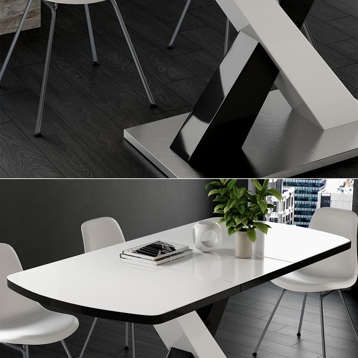 ESSTISCH Chinto Schwarz 120 x 80 cm ausziehbar - Weiß Hochglanz/Schwarz, Holzwerkstoff (80/120/76cm) - Vicco