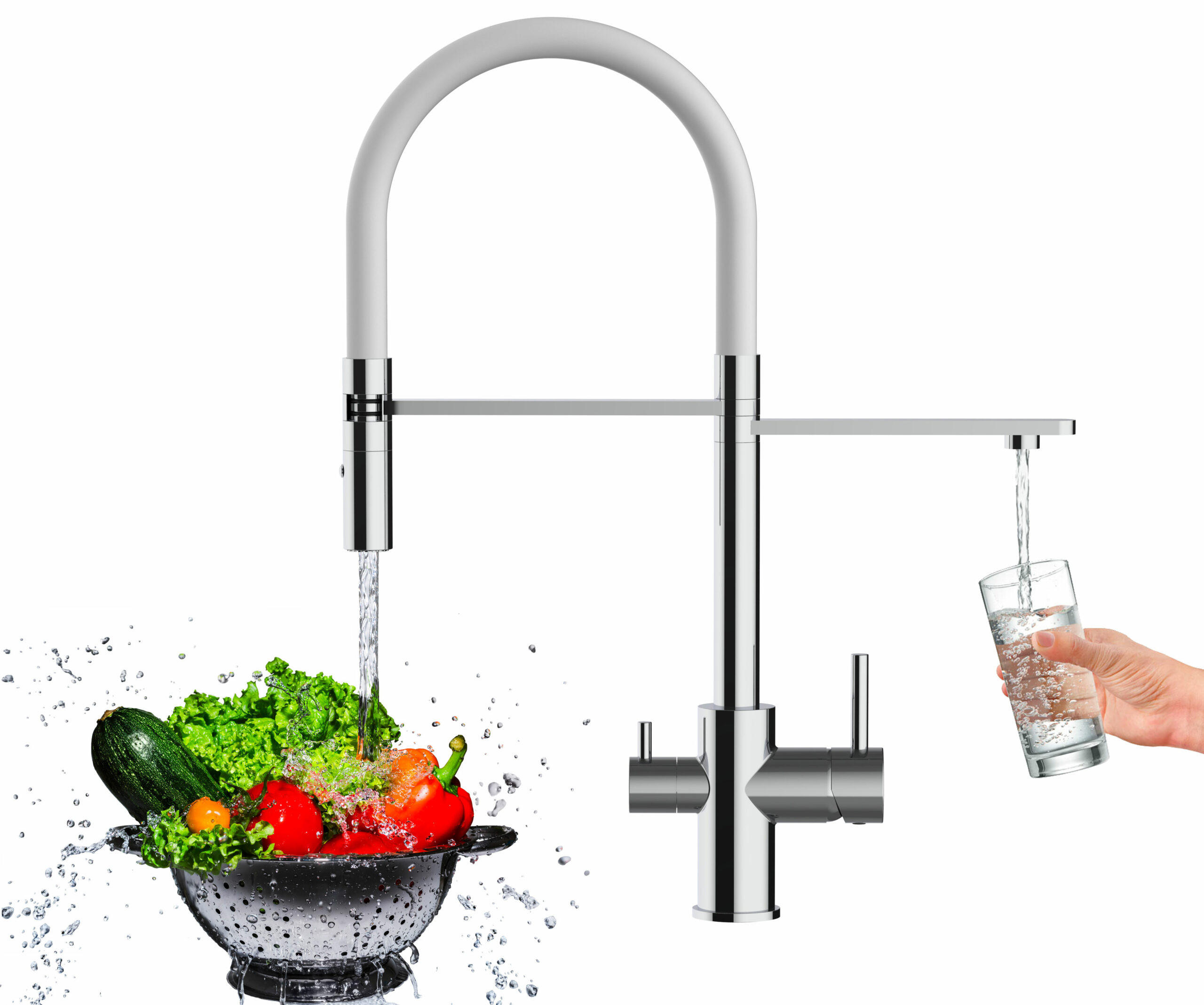 NIEDERDRUCK-3-WEGE-KÜCHENARMATUR, Verchromt und Weiß, 2-Strahl-Brause - Weiß, Metall (20.8/50.8/20.8cm) - VIZIO