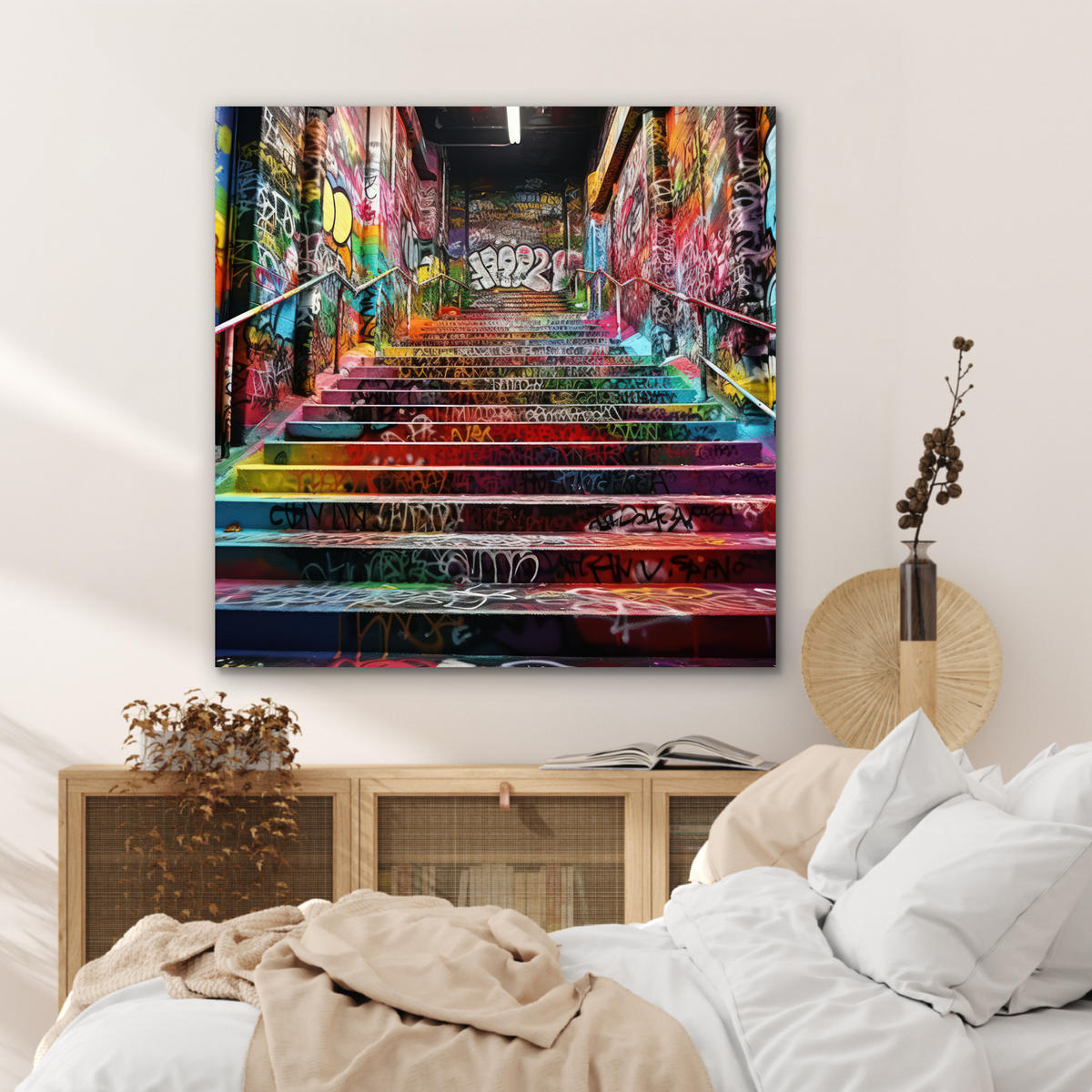 KOVOVÝ OBRAZ Schody - Graffiti - Farby - Umenie 90x90 cm - viacfarebná, kov (90/90cm) - MuchoWow