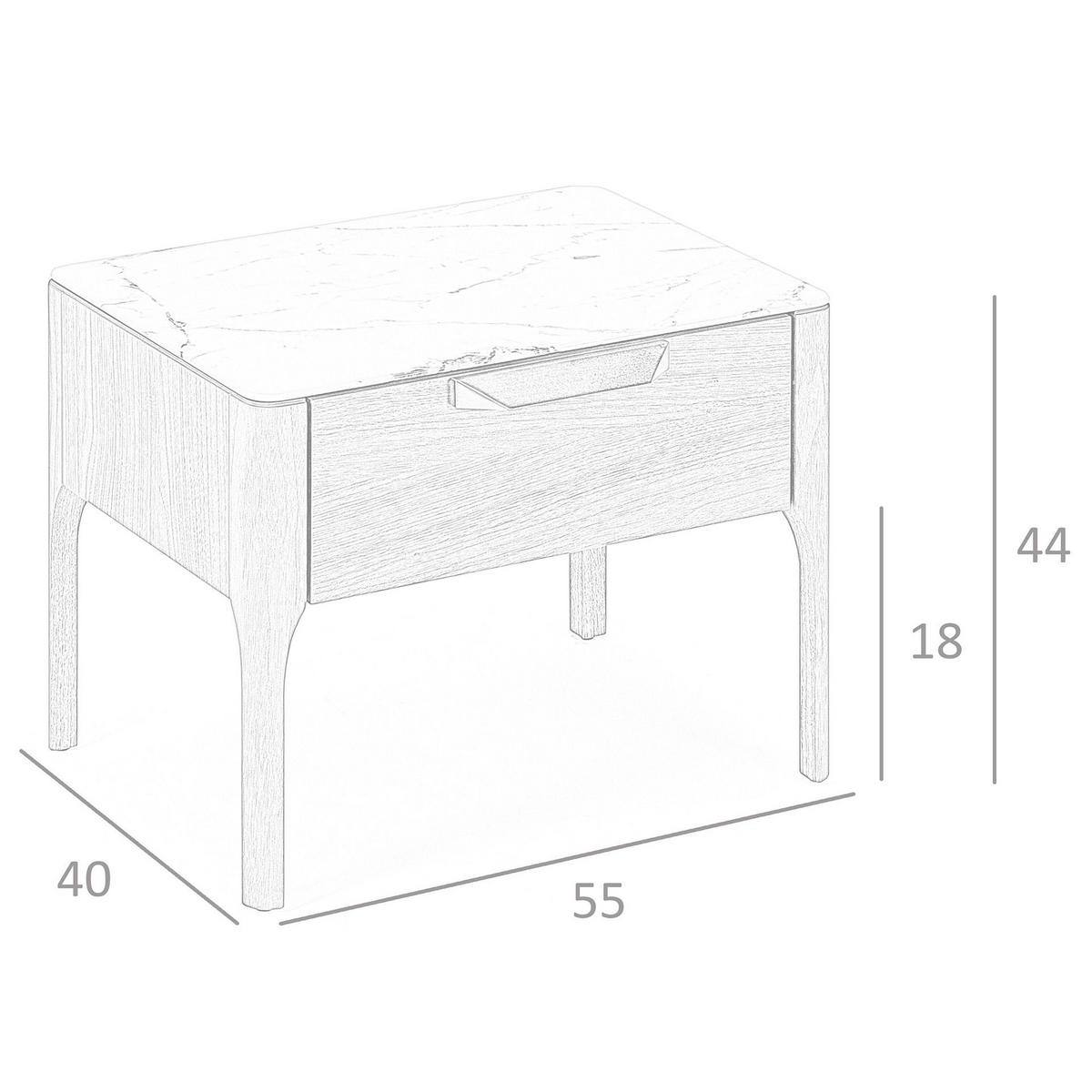 NACHTSCHRANK Nachttisch aus Nussbaumholz mit Glasplatte aus Marmorimitat und Innenbeleuchtung 55/40/44 cm - Nussbaumfarben/Weiß, Holz/Stein (55/44/40cm) - ANGEL CERDA