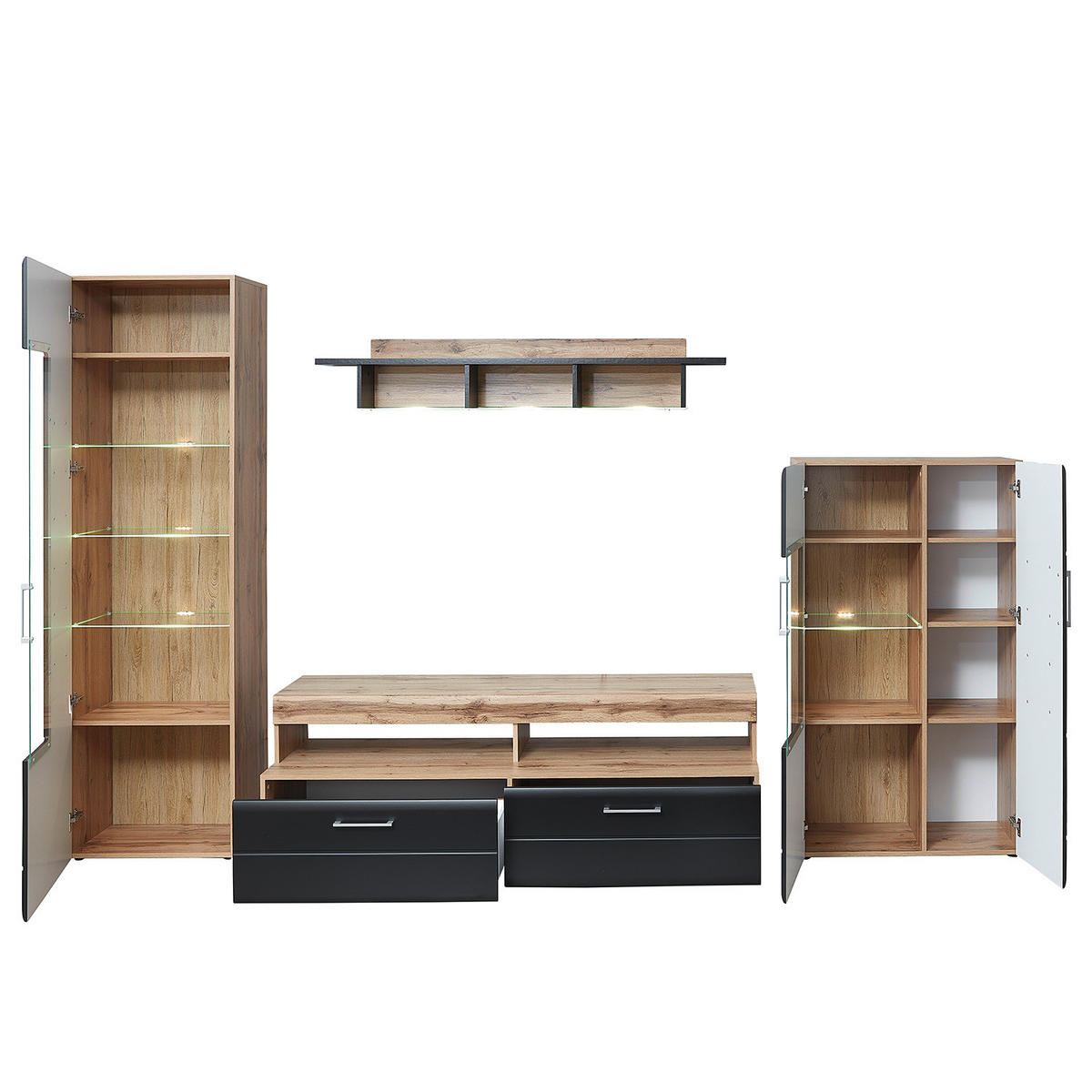 WOHNWAND - 4-teilig - inkl. Beleuchtung - Matt Schwarz / Eiche Dekor - Silberfarben/Schwarz, Holzwerkstoff/Metall (340/208/52cm) - home24