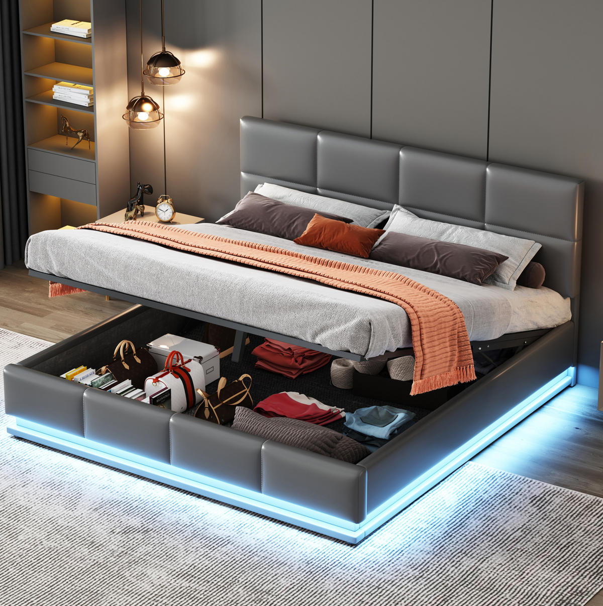 POLSTERBETT mit LED und Bettkasten 160x200 cm Kunstleder Grau - Grau, Metall (160/200cm) - Meubliv