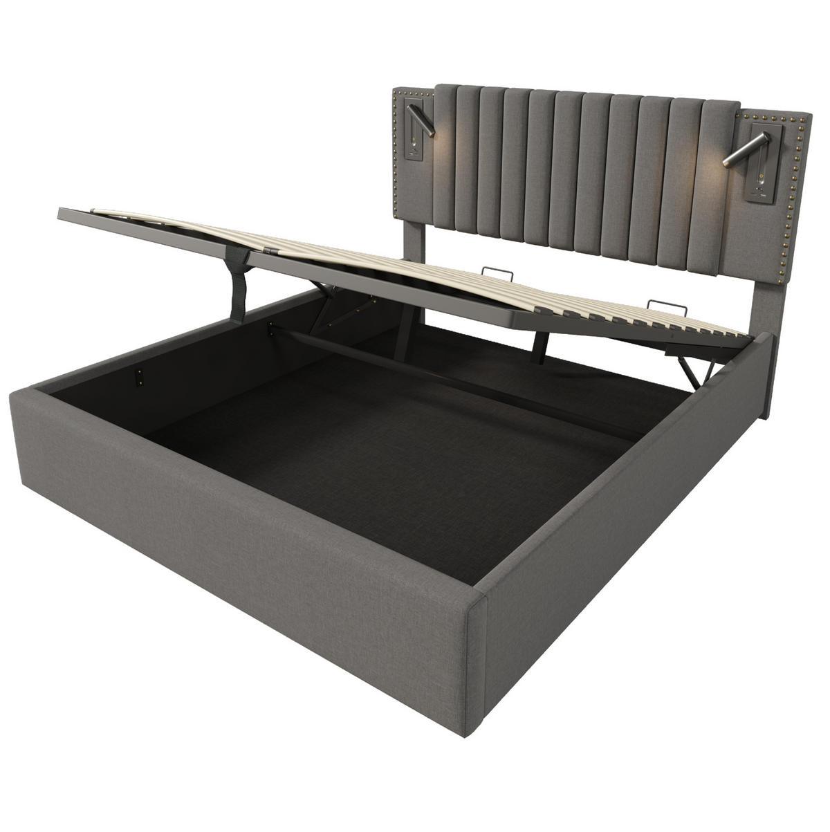 POLSTERBETT 160/200 cm mit Bettkasten, Matratze, Leselicht, USB- und USB-C-Anschlüssen, höhenverstellbarem Kopfteil, Grau - Grau, Textil (160/200cm) - Redom