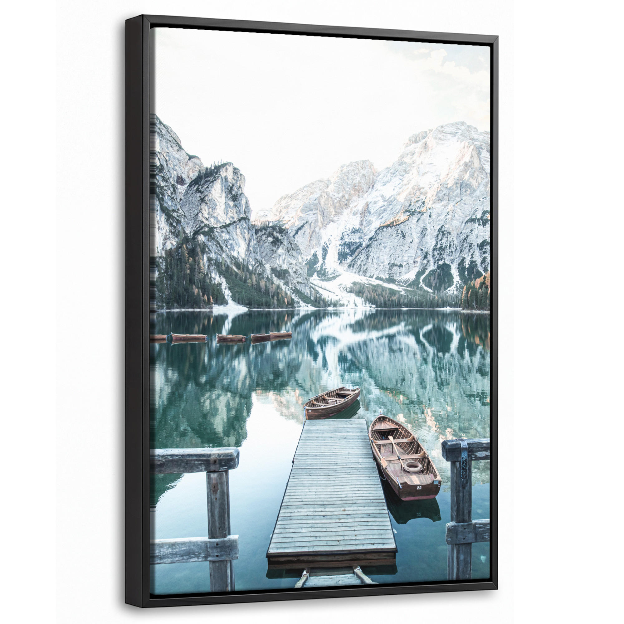LEINWAND Bilder mit Rahmen - Natur - Berge - Schnee - Wald - Boot - 40x60 - Hellgrün, Textil (40/60cm) - MuchoWow