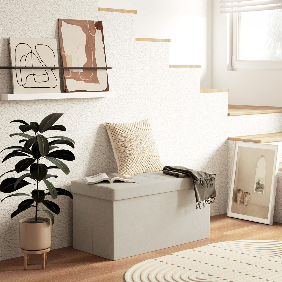 TRUHENBANK DE-16387 klappbar mit Stauraum und Knopfheftung Creme - Creme, Textil (76/38/38cm) - ComfortXL