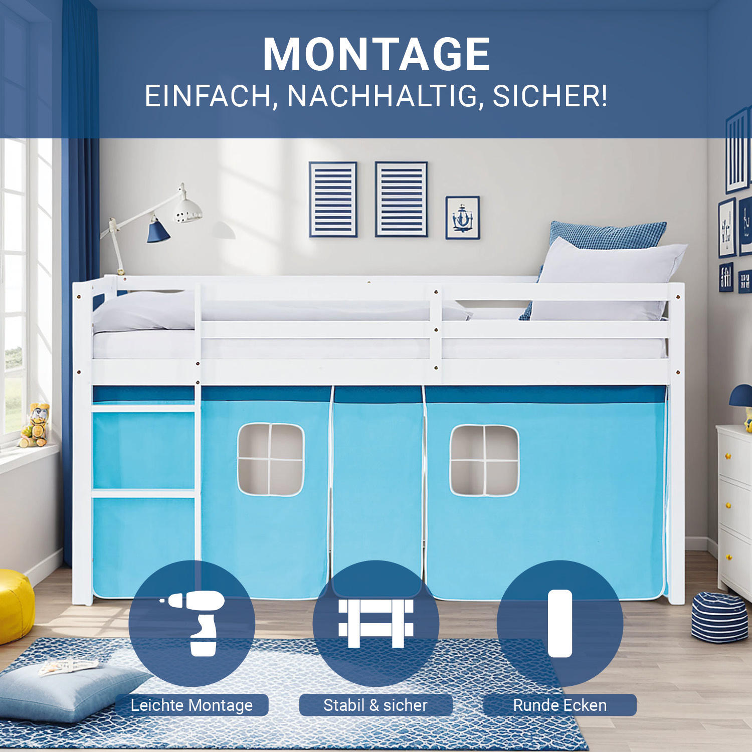 HOCHBETT 90/200 cm in weiß mit Matratze + Lattenrost + Bettvorhang Blau - Blau/Pastellblau, Holz/Textil (90/200cm) - Homestyle4u