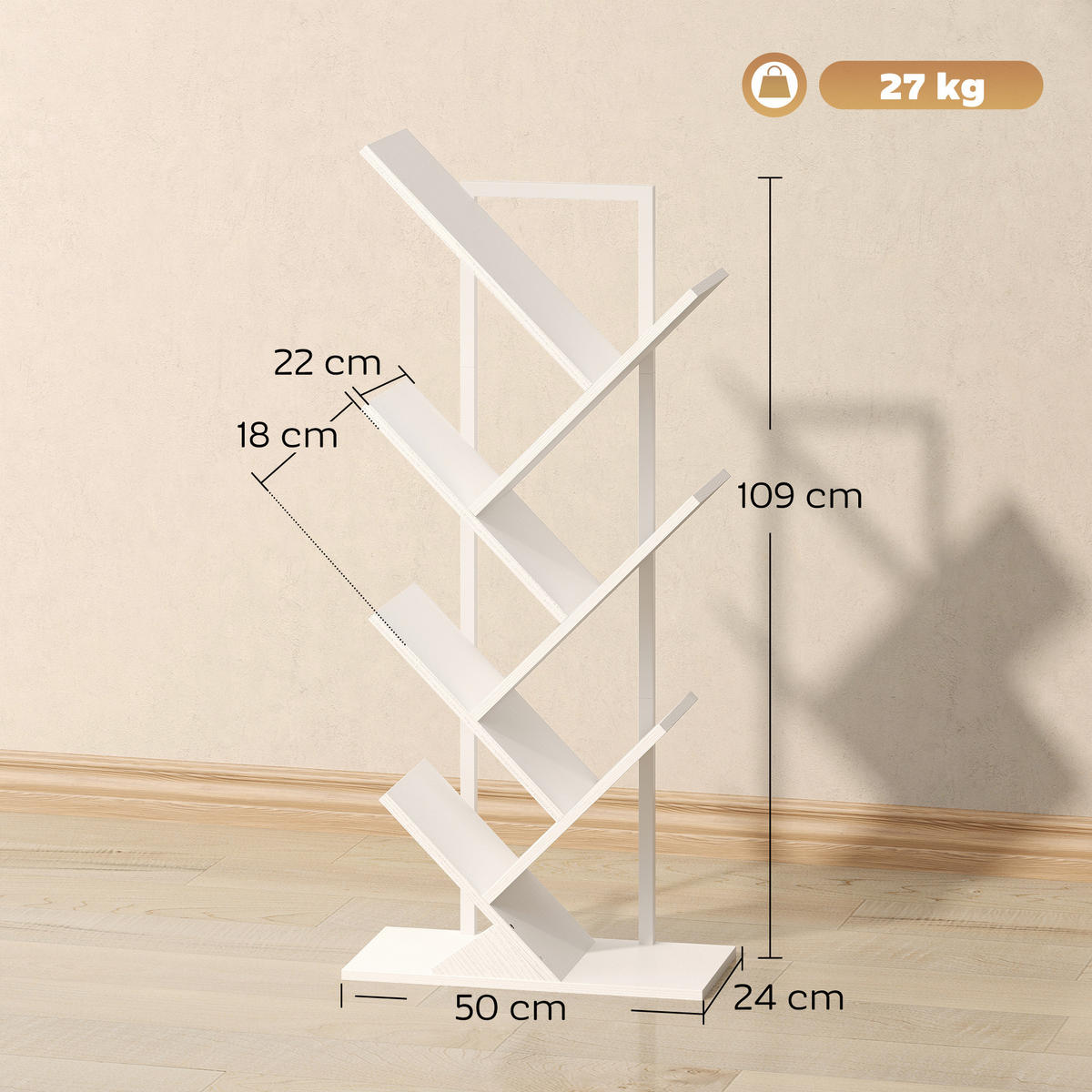 BÜCHERREGAL Standregal mit 7 Ebenen Schmal Regal im Baumform Weiß - Weiß, Holzwerkstoff/Metall (24/109/50cm) - HOMCOM