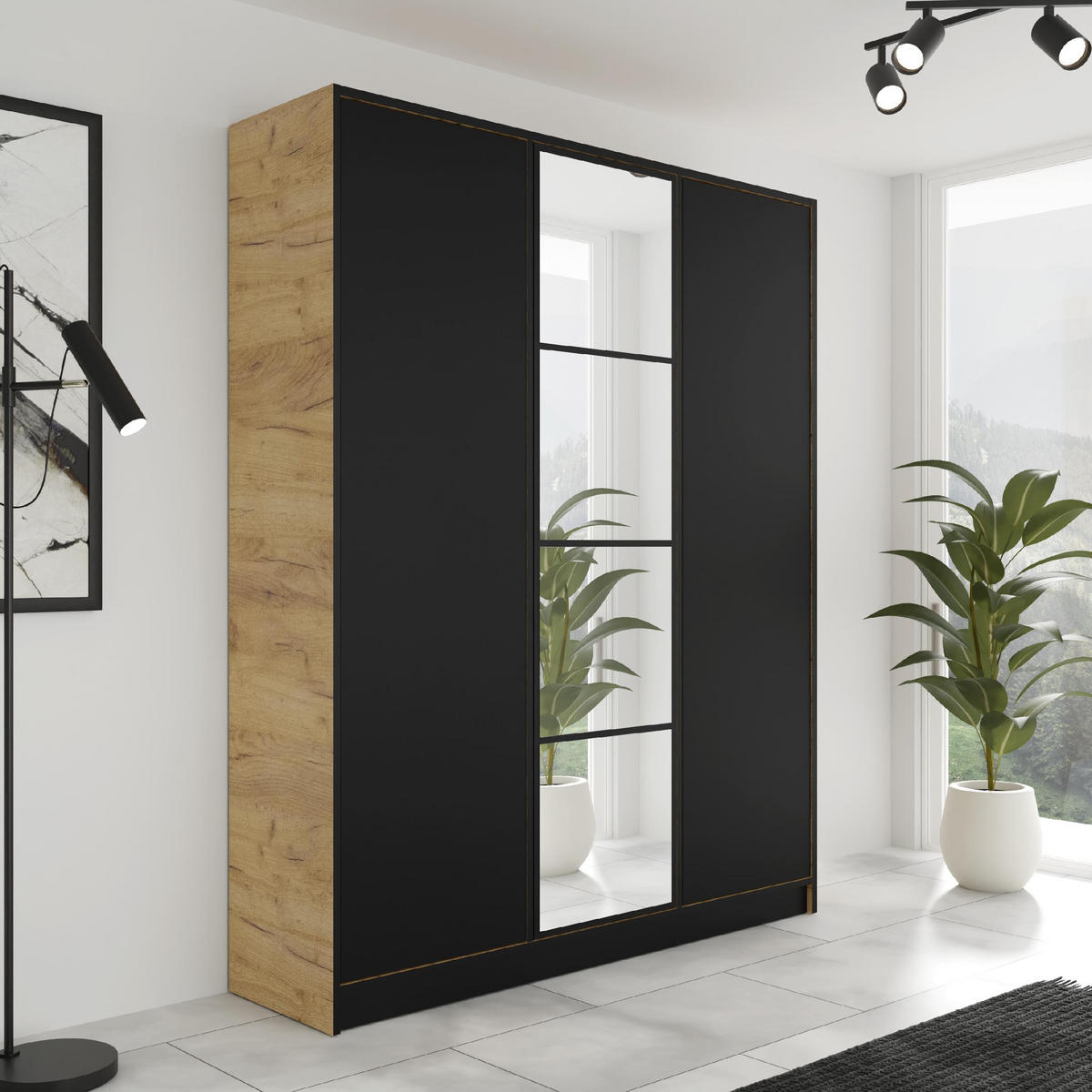 KLEIDERSCHRANK EDEN 3-Türen v4 - 156,4x205x39 cm - Eiche Craft Gold, Schwarz - Honigeiche/Schwarz, Holzwerkstoff (156.4/205/39cm) - Kier Furniture