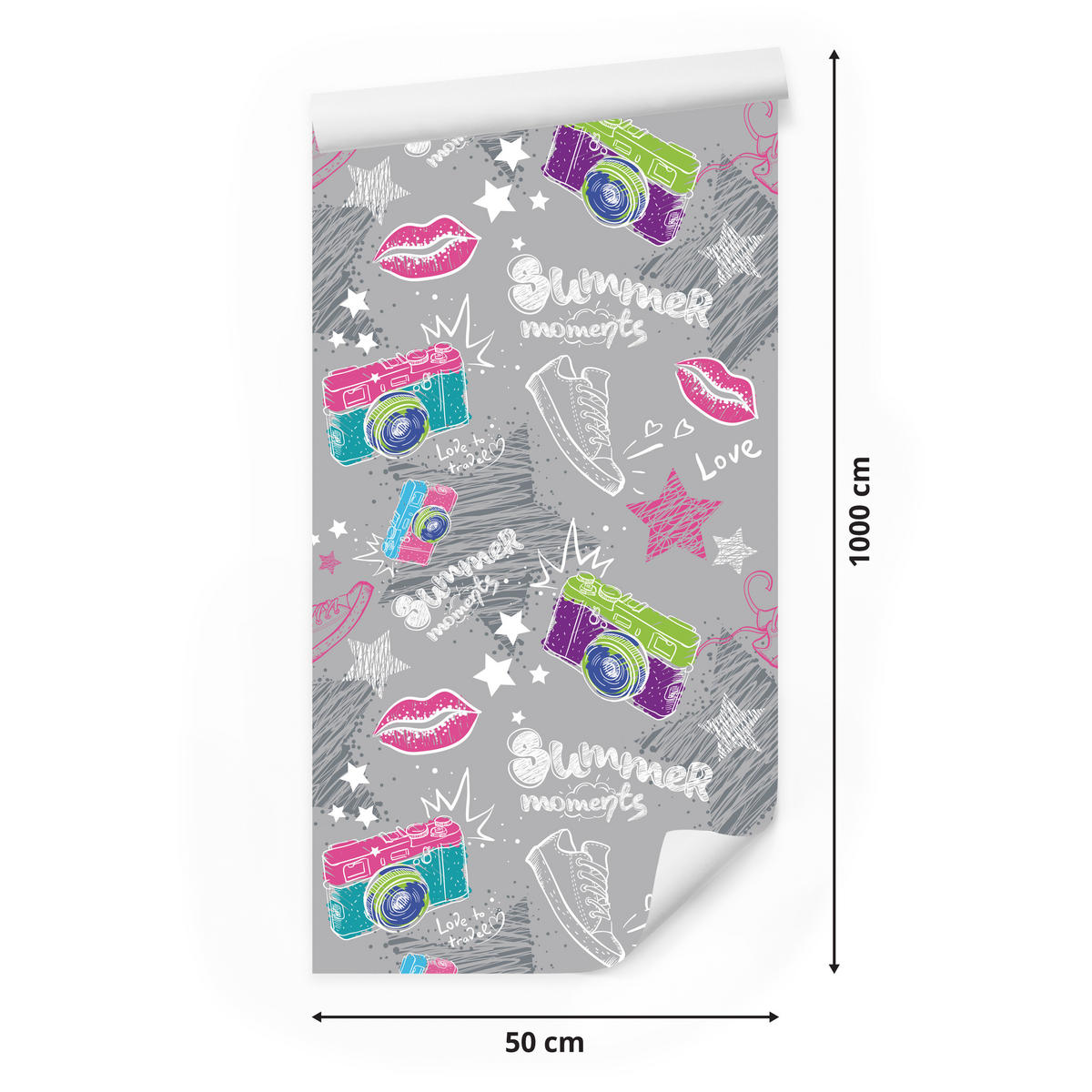 VLIESTAPETE Kameras, Sneaker und Comic-Motive – Rosa, Grün, Grau – 50x1000 cm - Rosa/Grau, Papier (50/1000cm) - Muralo