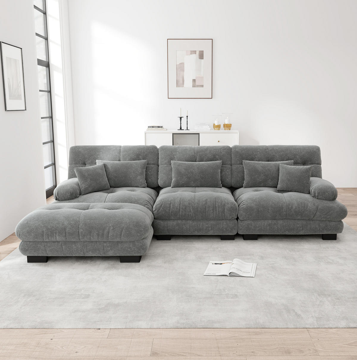 SOFA modular Chenille Grey mit beweglichen Ottomans - Hellgrau, Kunststoff (145/313.1cm) - Meubliv